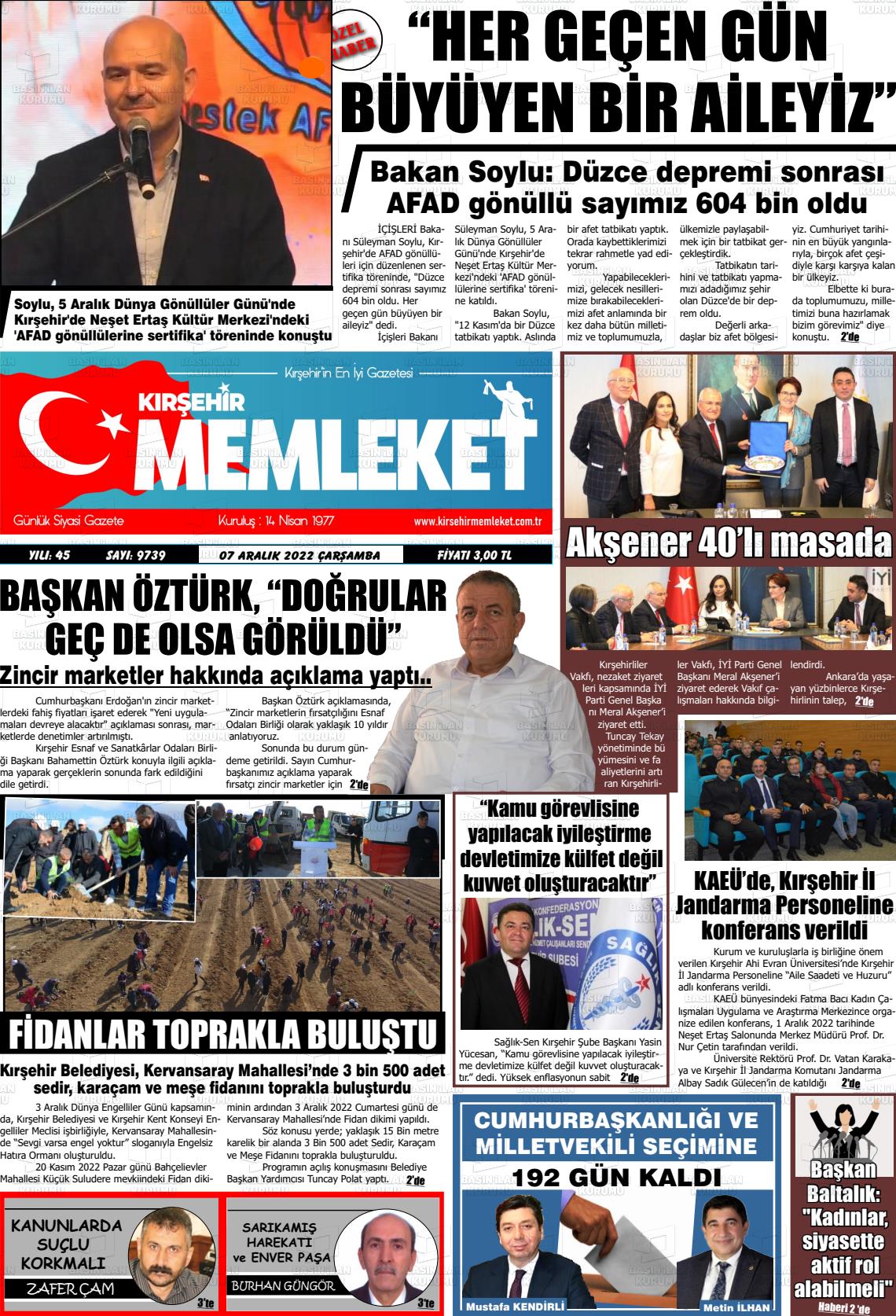 07 Aralık 2022 Kırşehir Memleket Gazete Manşeti
