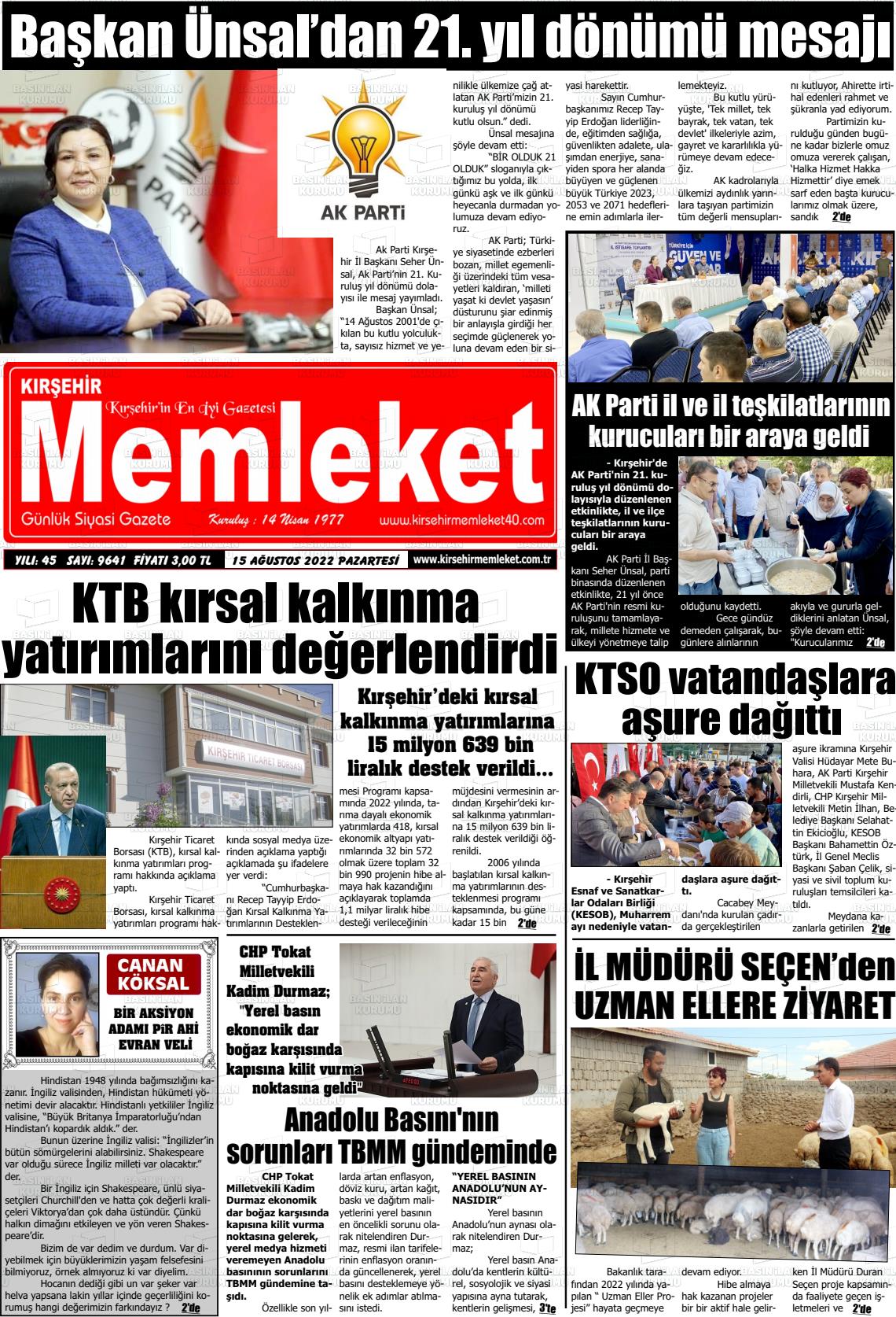 15 Ağustos 2022 Kırşehir Memleket Gazete Manşeti
