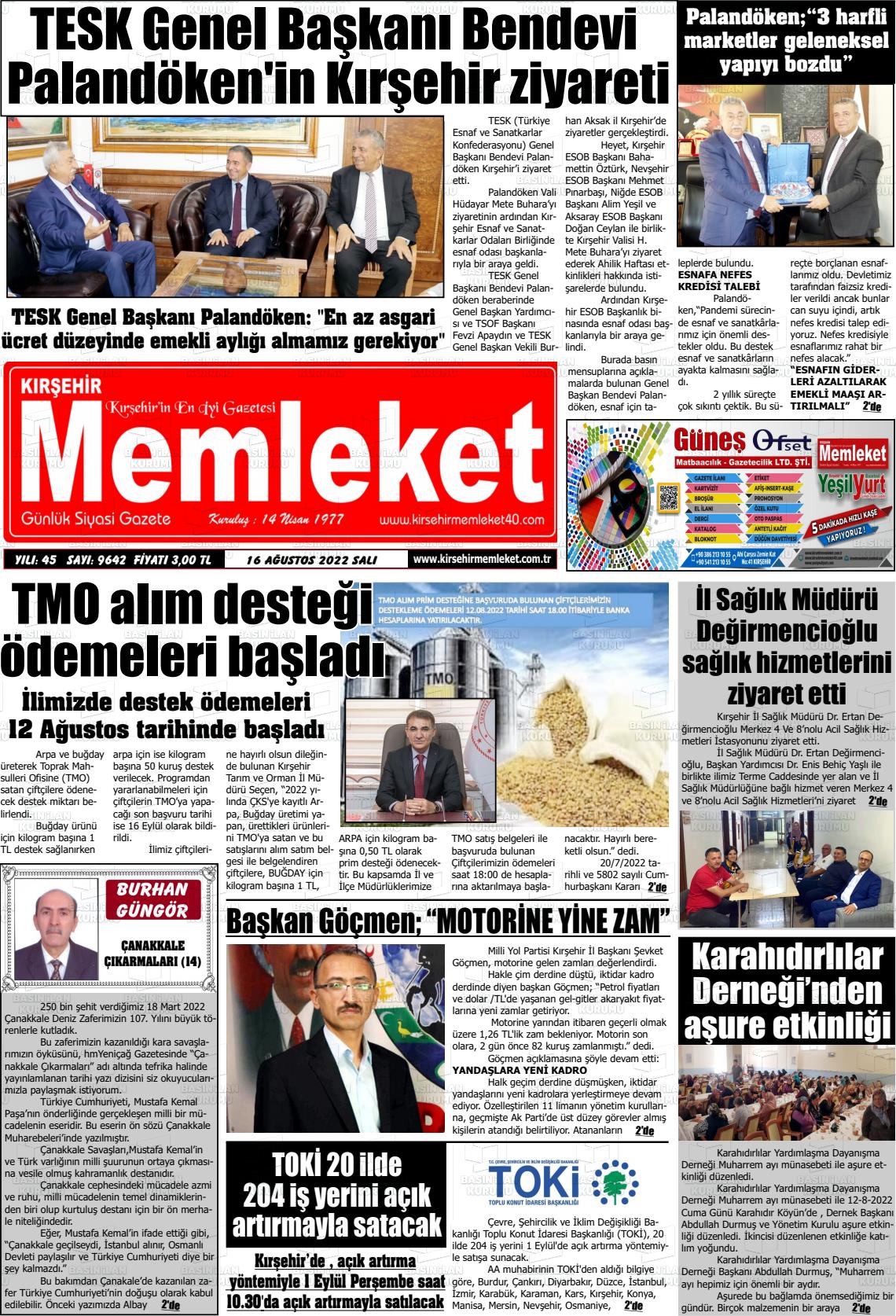 16 Ağustos 2022 Kırşehir Memleket Gazete Manşeti