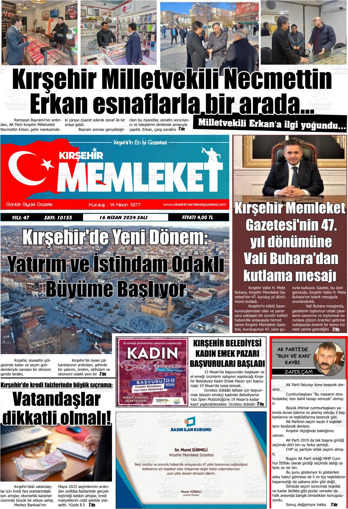 16 Nisan 2024 Kırşehir Memleket Gazete Manşeti
