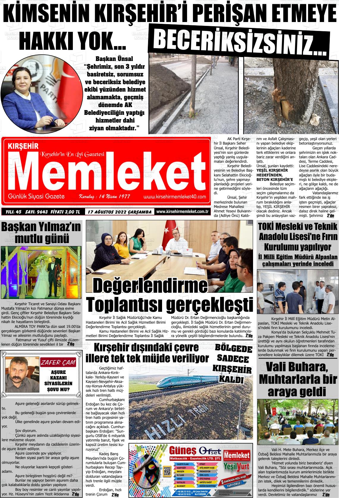 17 Ağustos 2022 Kırşehir Memleket Gazete Manşeti