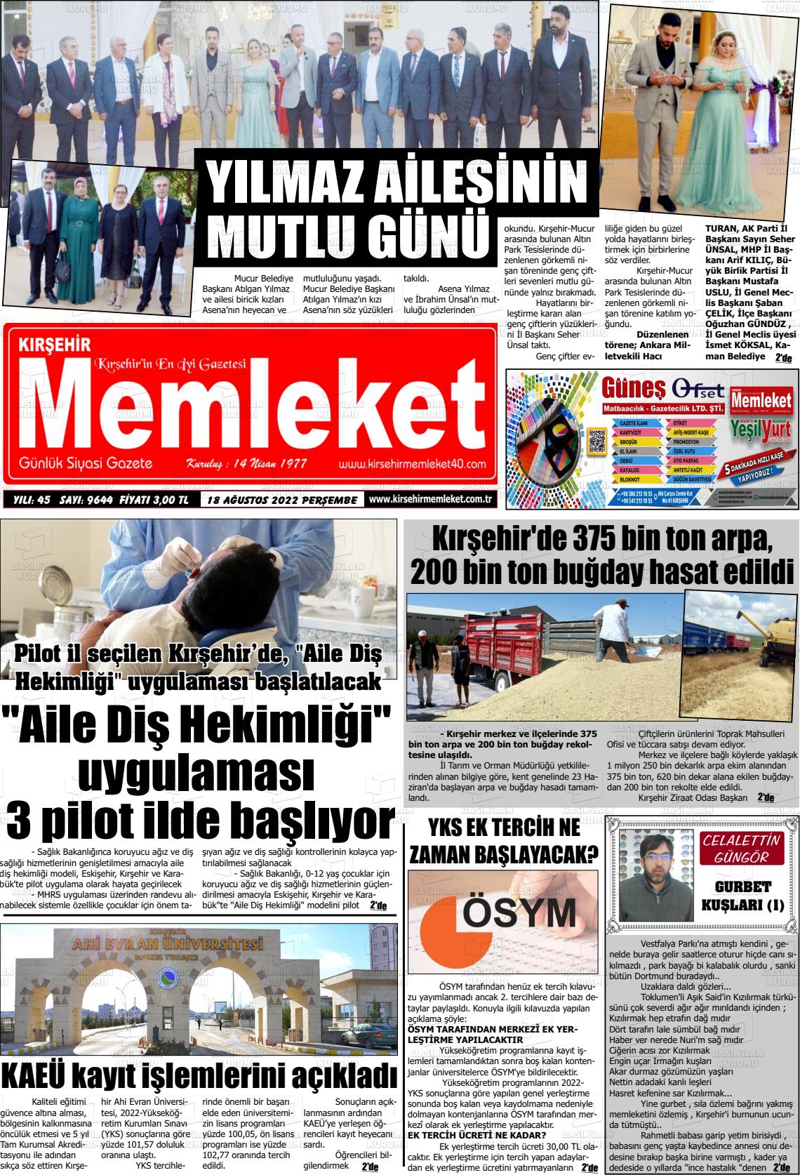 18 Ağustos 2022 Kırşehir Memleket Gazete Manşeti