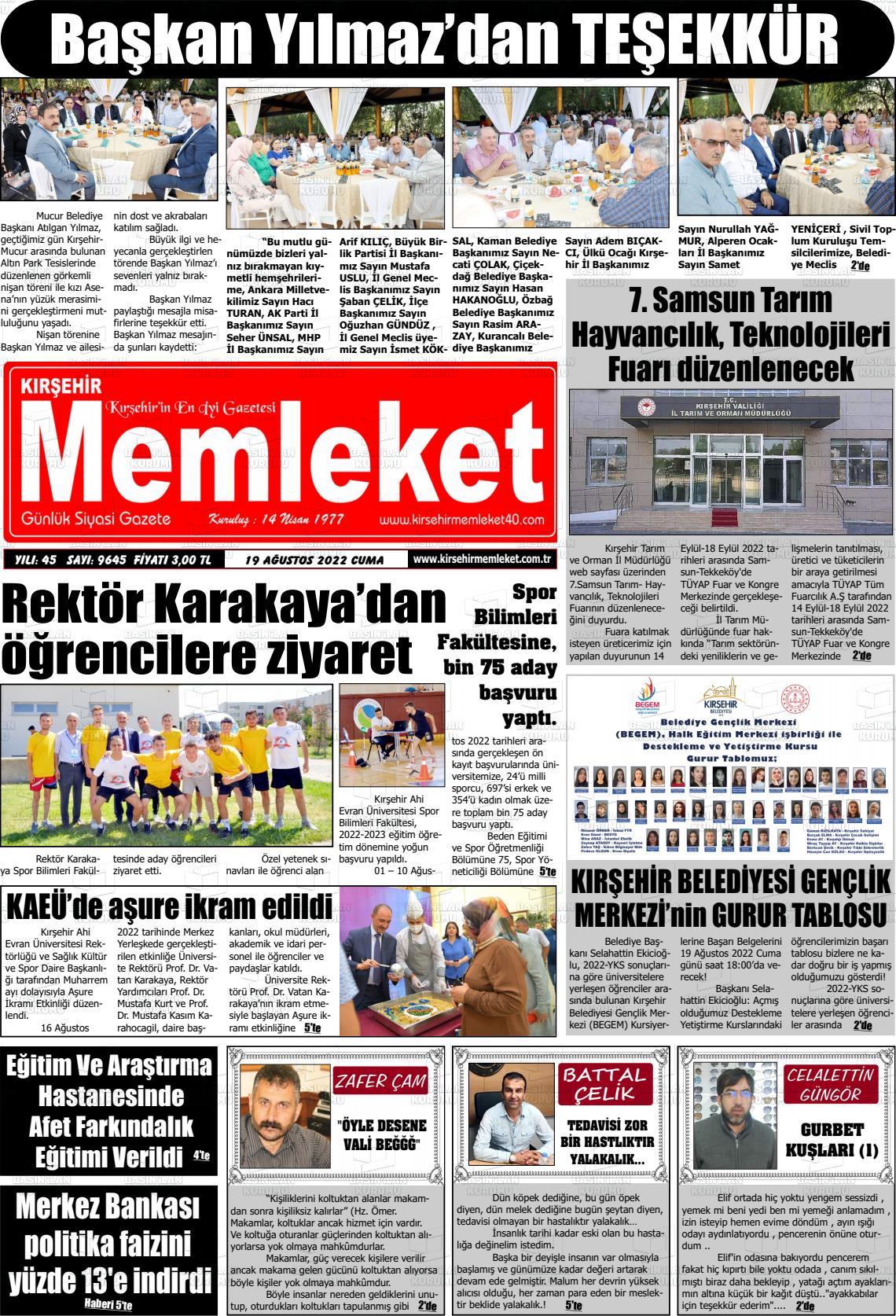 19 Ağustos 2022 Kırşehir Memleket Gazete Manşeti