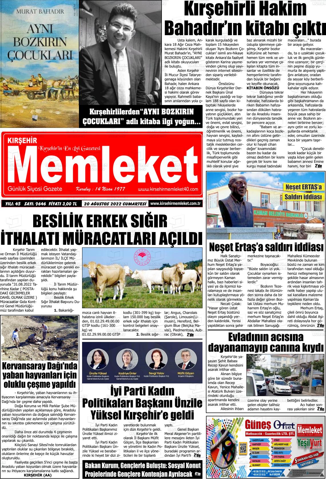 20 Ağustos 2022 Kırşehir Memleket Gazete Manşeti