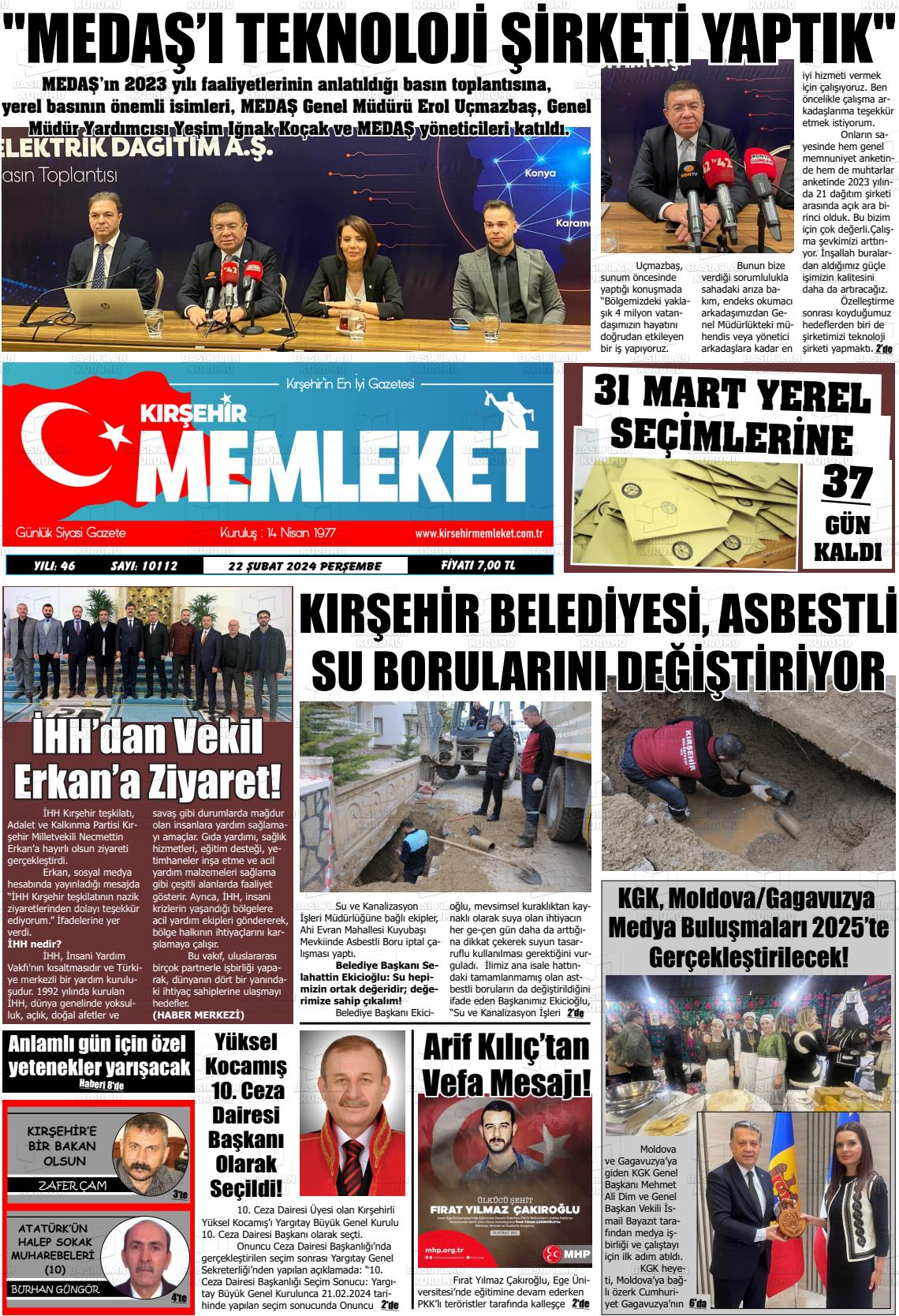 22 Şubat 2024 Kırşehir Memleket Gazete Manşeti
