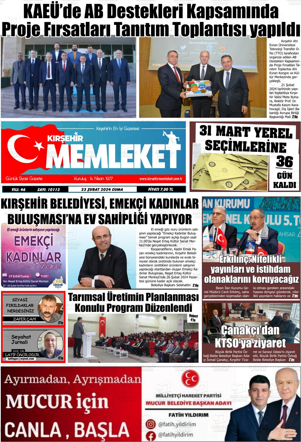 23 Şubat 2024 Kırşehir Memleket Gazete Manşeti
