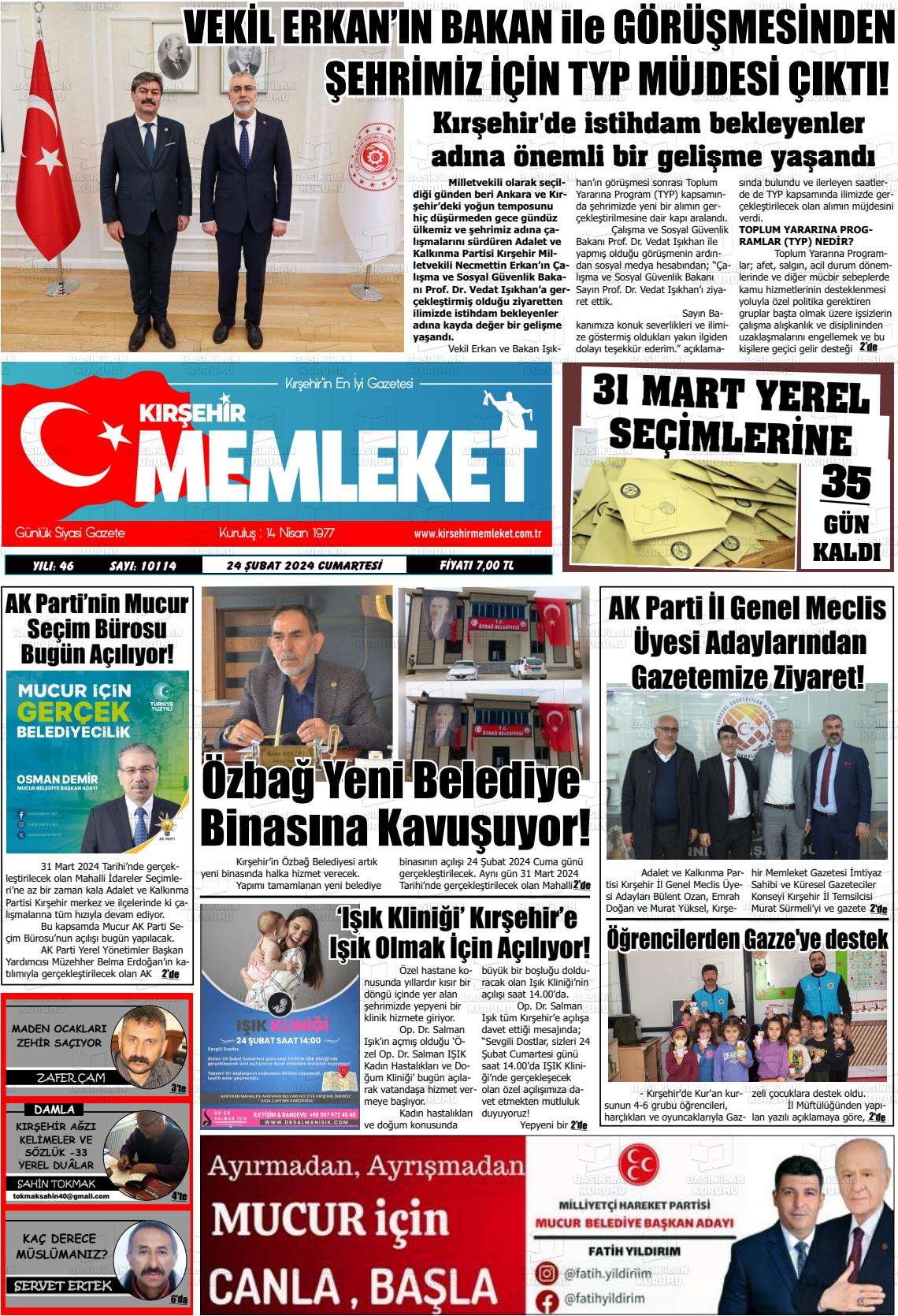 24 Şubat 2024 Kırşehir Memleket Gazete Manşeti