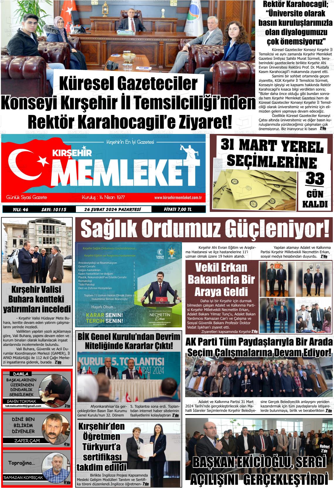 26 Şubat 2024 Kırşehir Memleket Gazete Manşeti