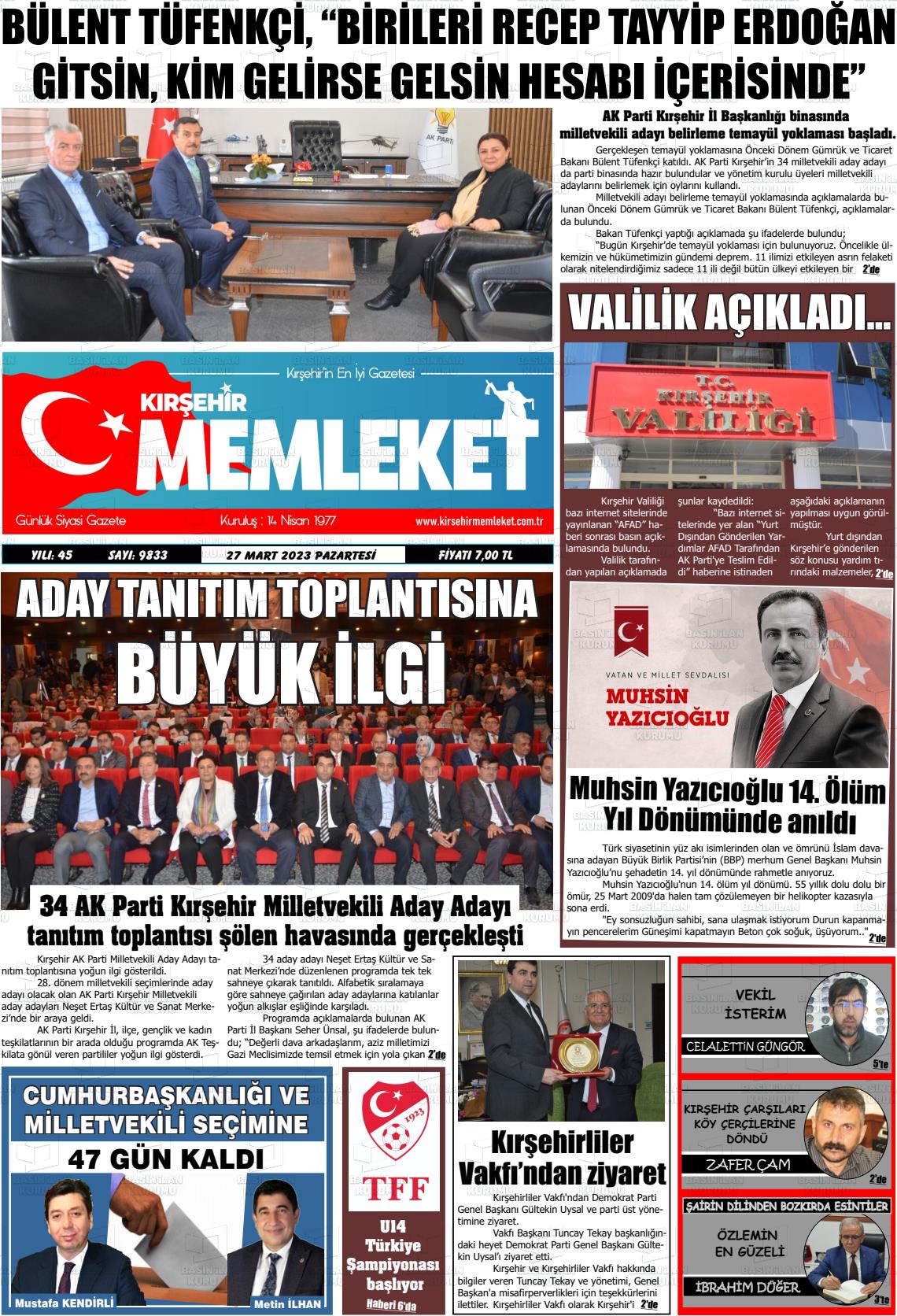 27 Mart 2023 Kırşehir Memleket Gazete Manşeti