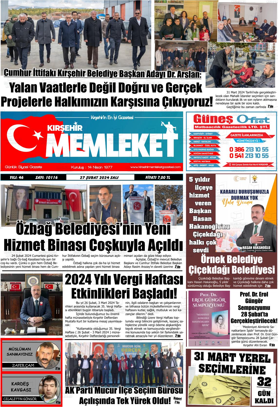 27 Şubat 2024 Kırşehir Memleket Gazete Manşeti