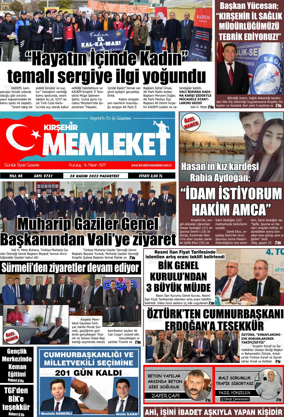 28 Kasım 2022 Kırşehir Memleket Gazete Manşeti