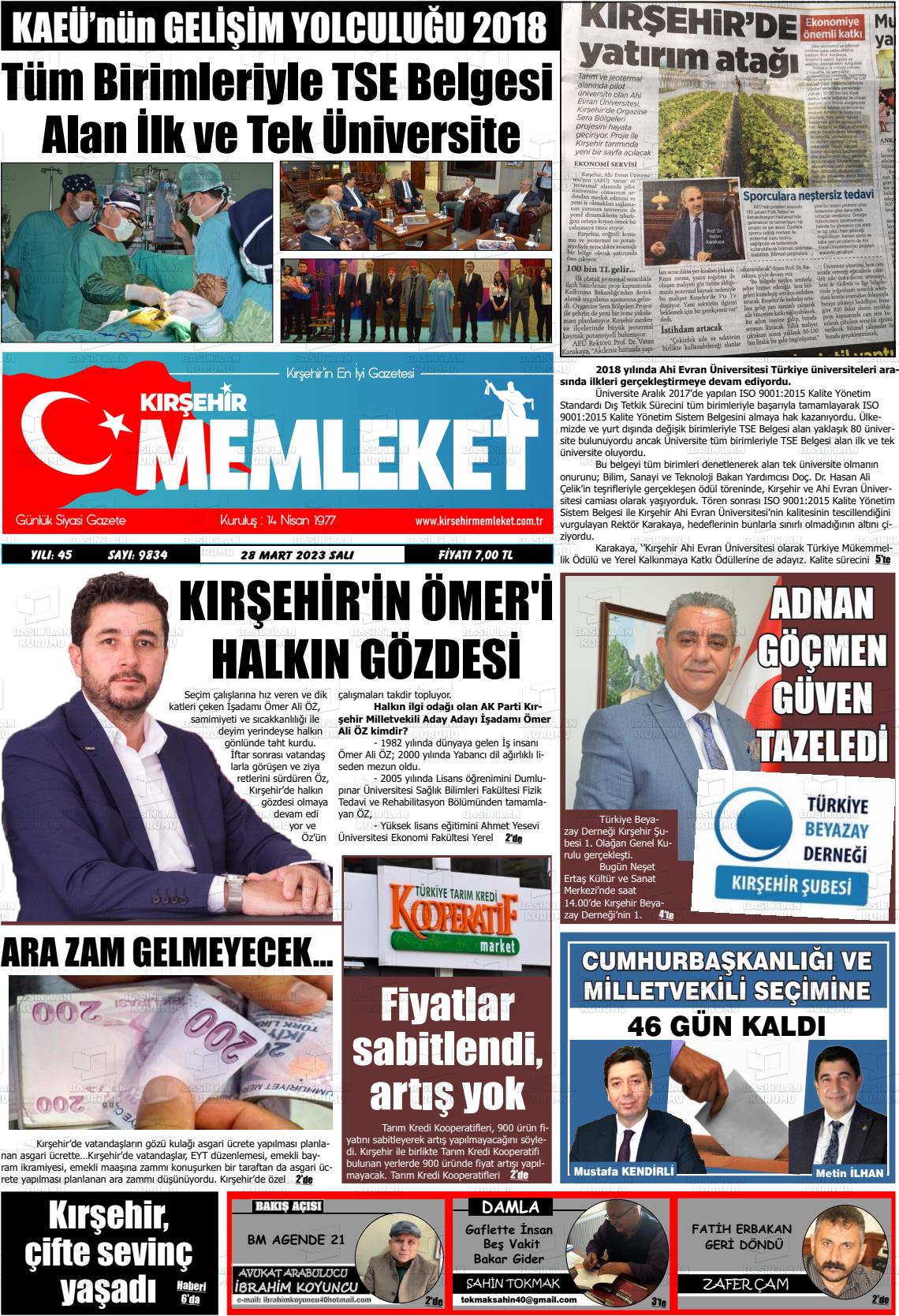 28 Mart 2023 Kırşehir Memleket Gazete Manşeti