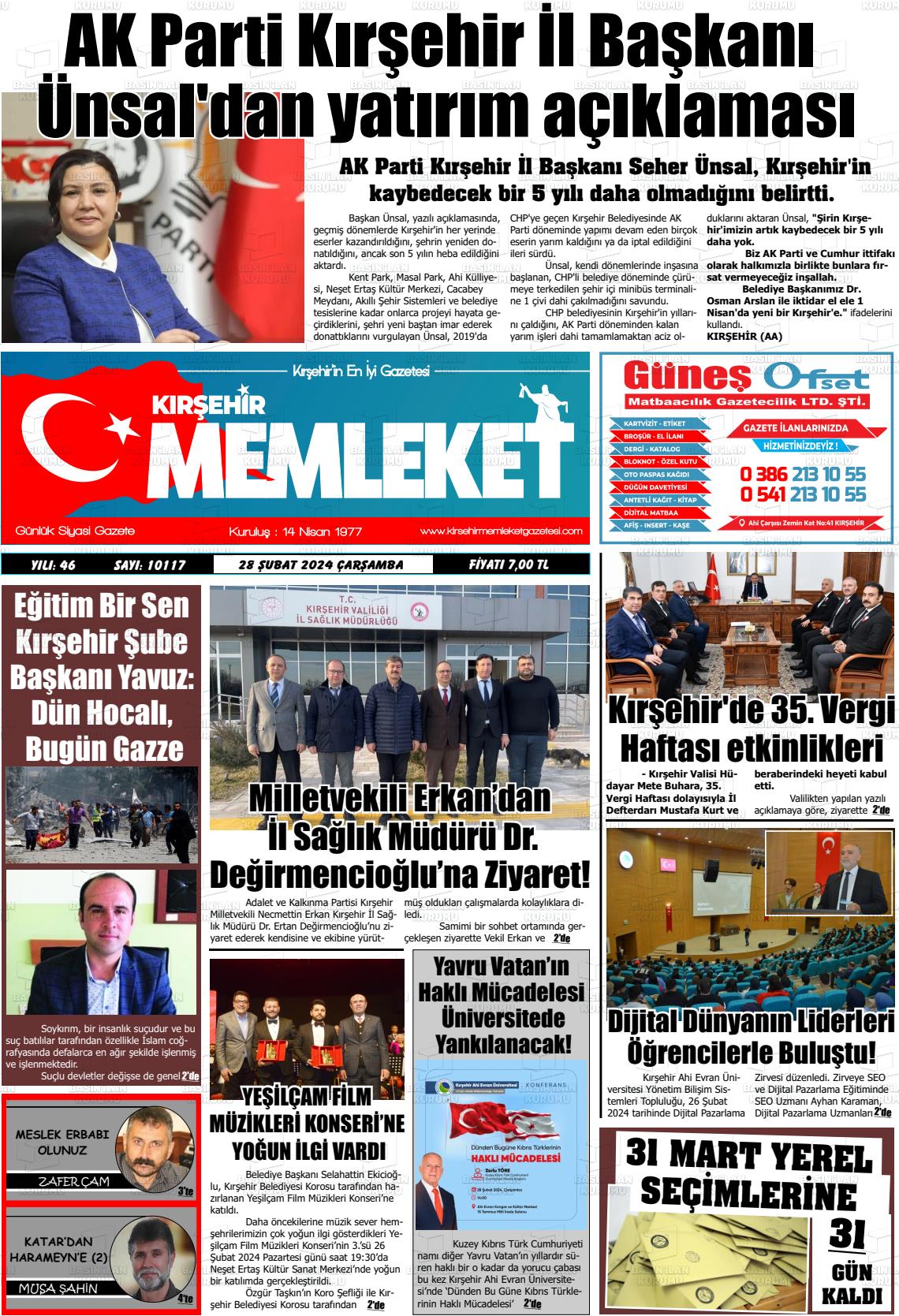 28 Şubat 2024 Kırşehir Memleket Gazete Manşeti