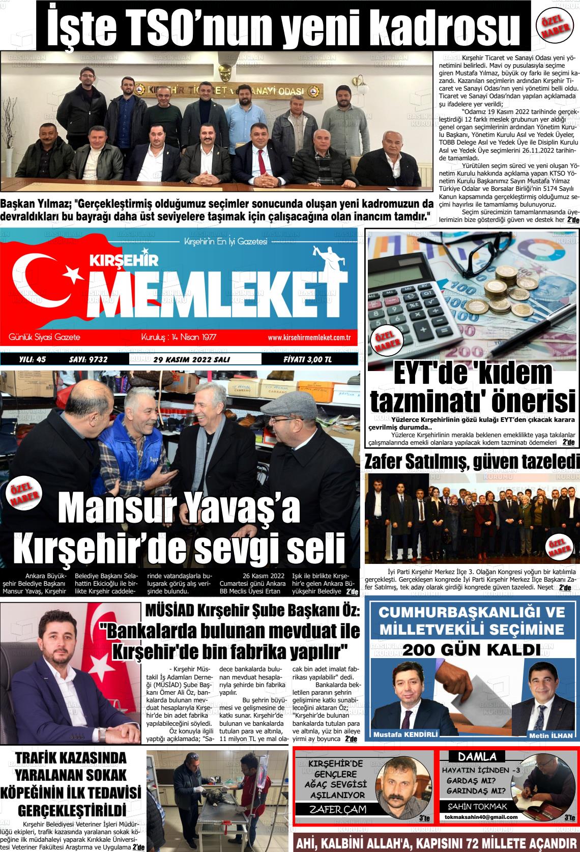 29 Kasım 2022 Kırşehir Memleket Gazete Manşeti
