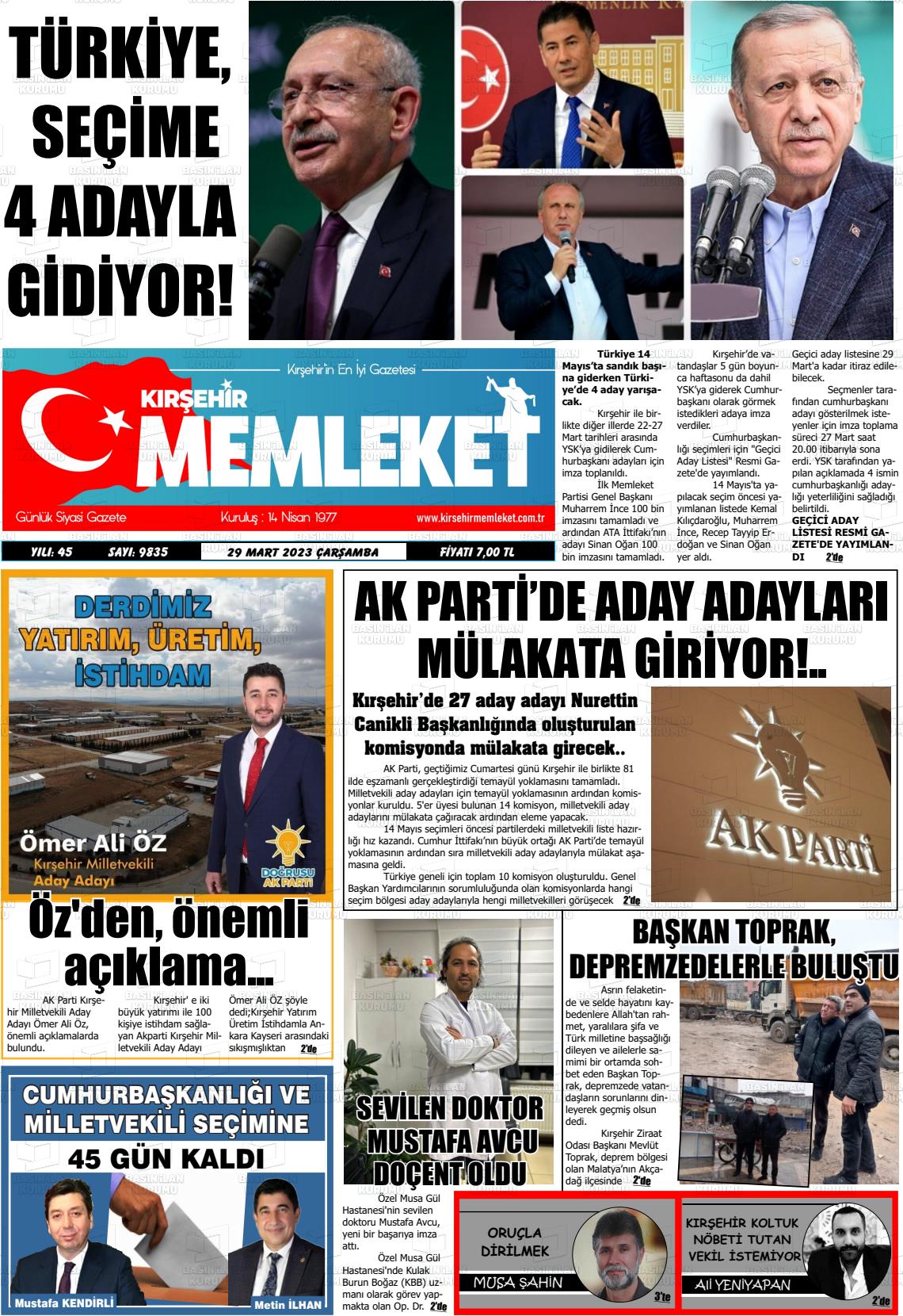 29 Mart 2023 Kırşehir Memleket Gazete Manşeti