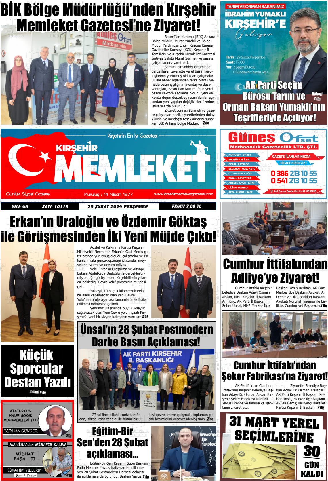 29 Şubat 2024 Kırşehir Memleket Gazete Manşeti