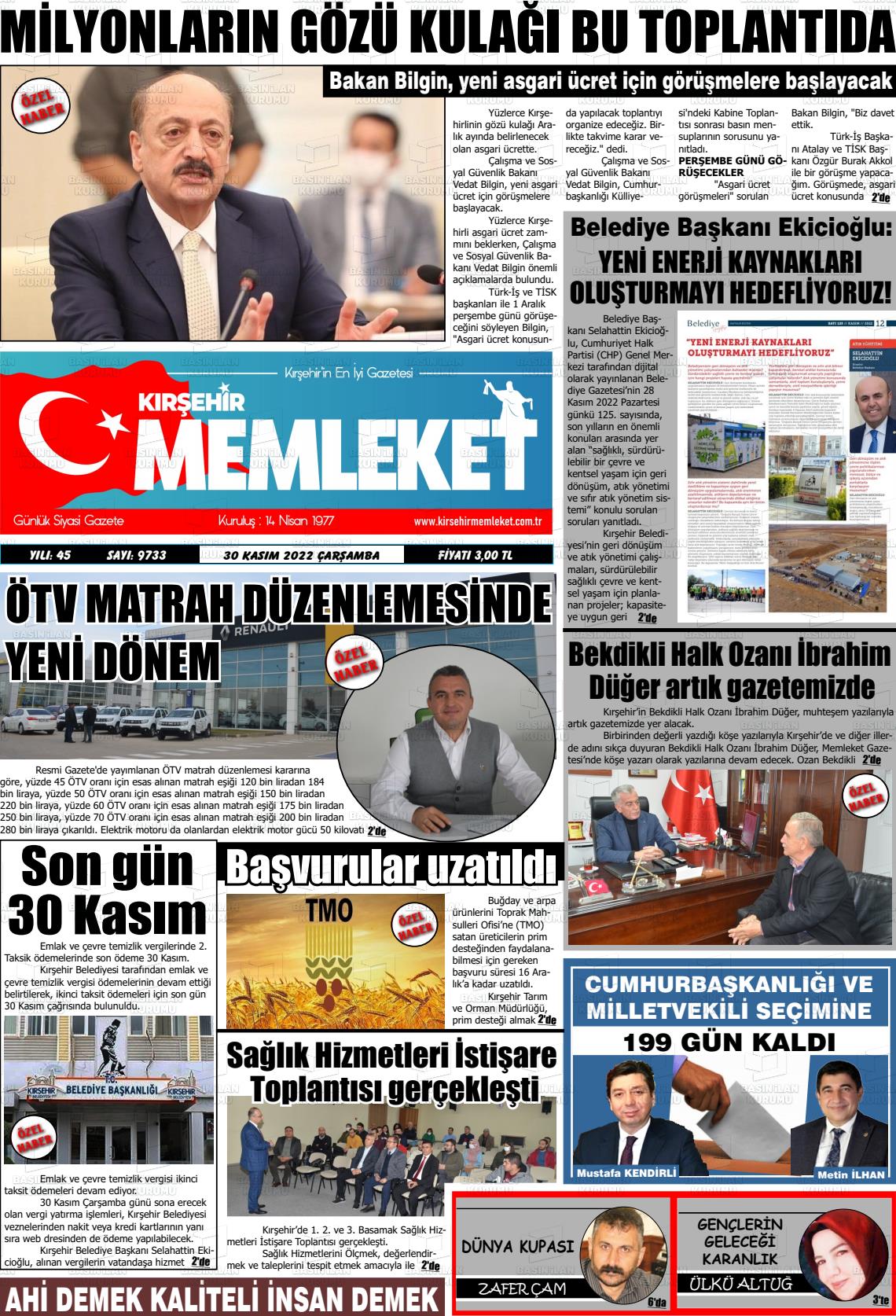 30 Kasım 2022 Kırşehir Memleket Gazete Manşeti