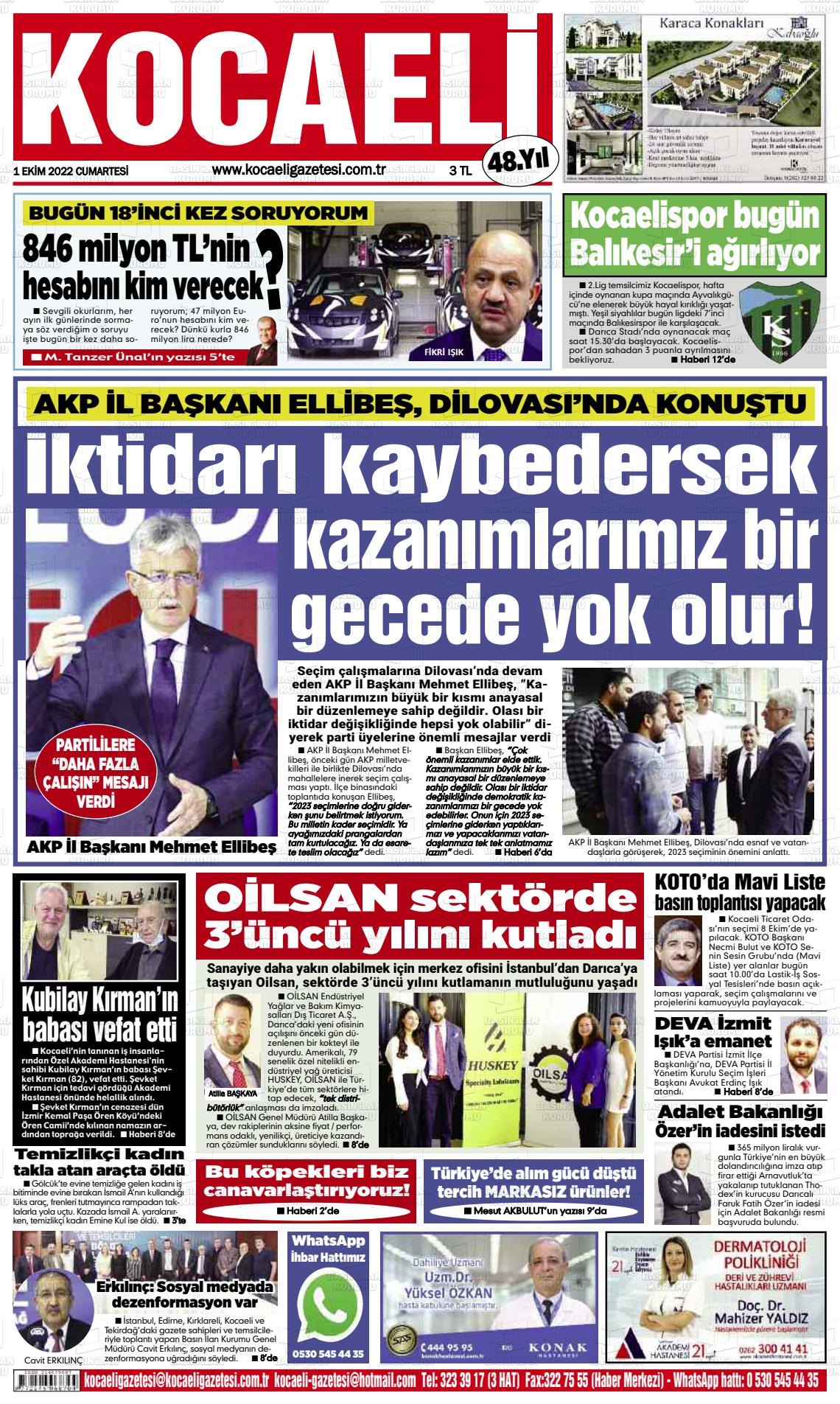 01 Ekim 2022 Kocaeli Gazete Manşeti