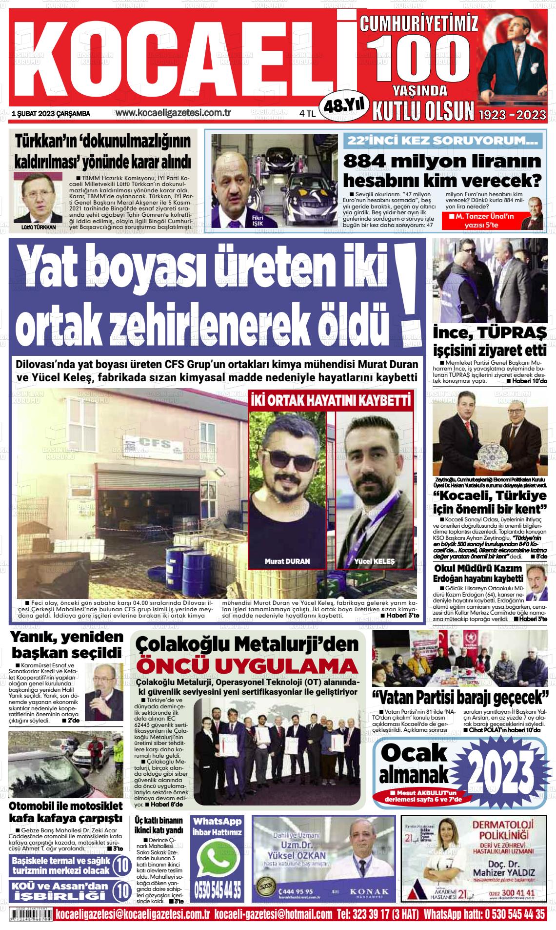 01 Şubat 2023 Kocaeli Gazete Manşeti