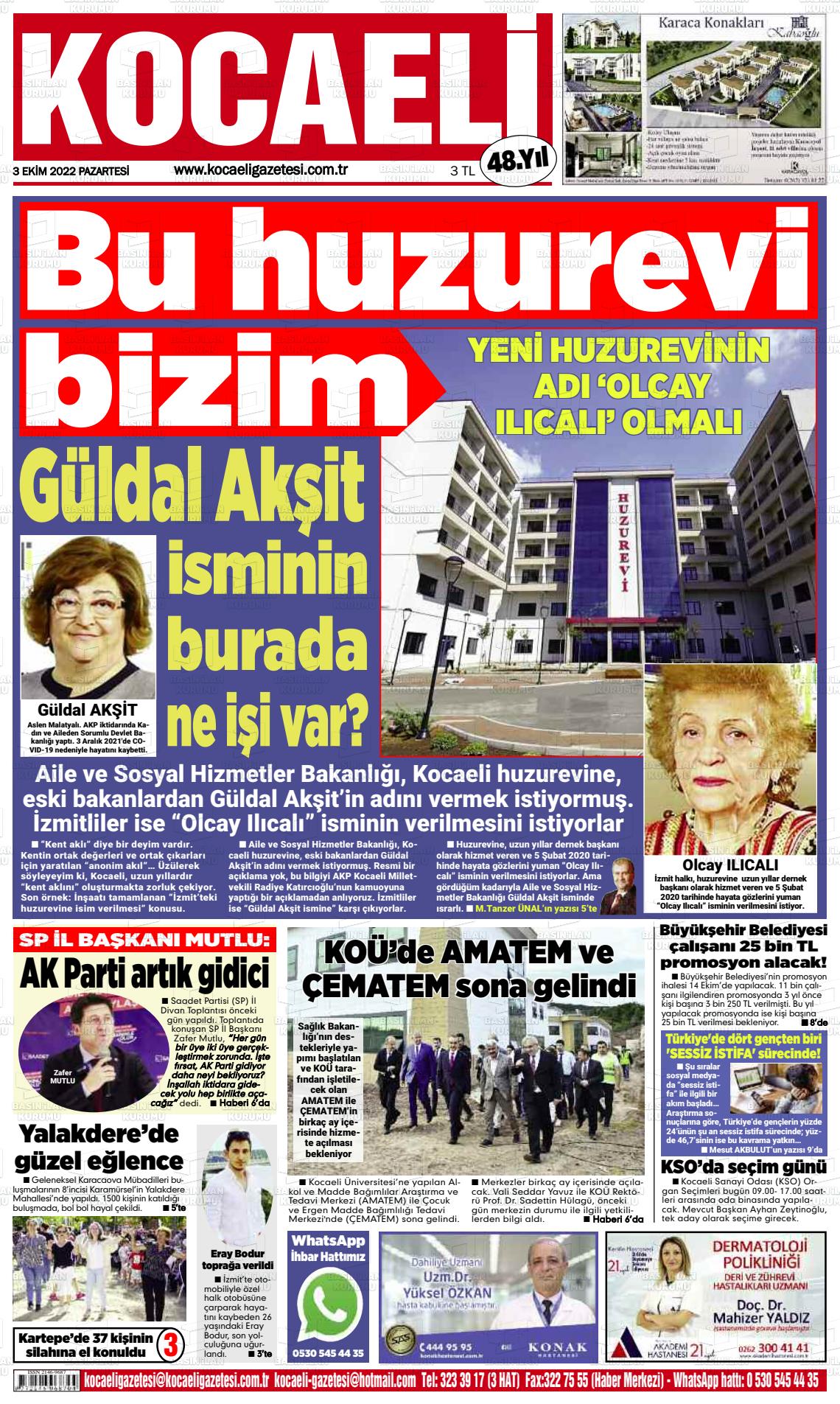 03 Ekim 2022 Kocaeli Gazete Manşeti