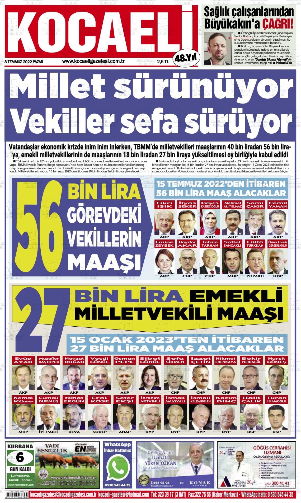 03 Temmuz 2022 Kocaeli Gazete Manşeti