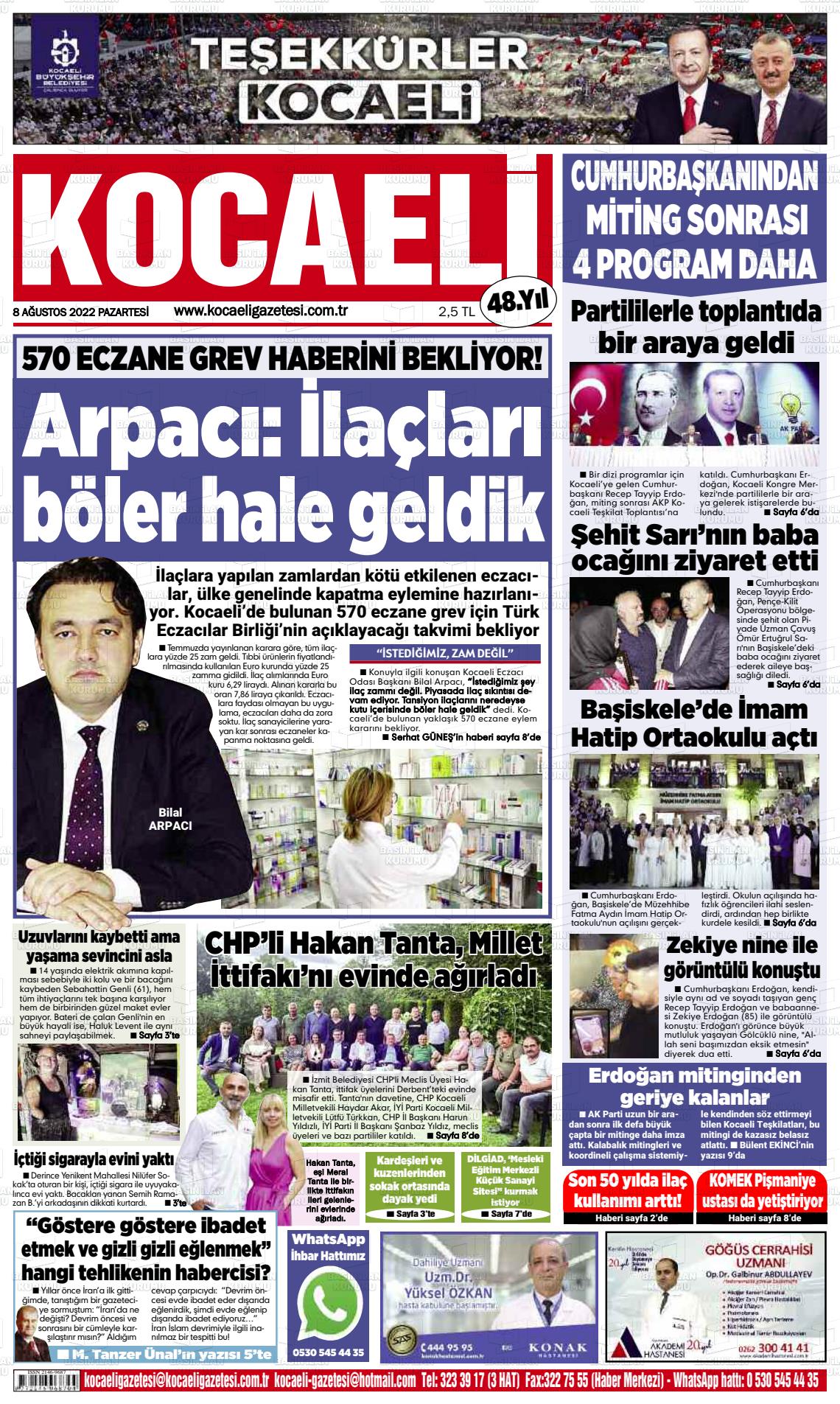 08 Ağustos 2022 Kocaeli Gazete Manşeti