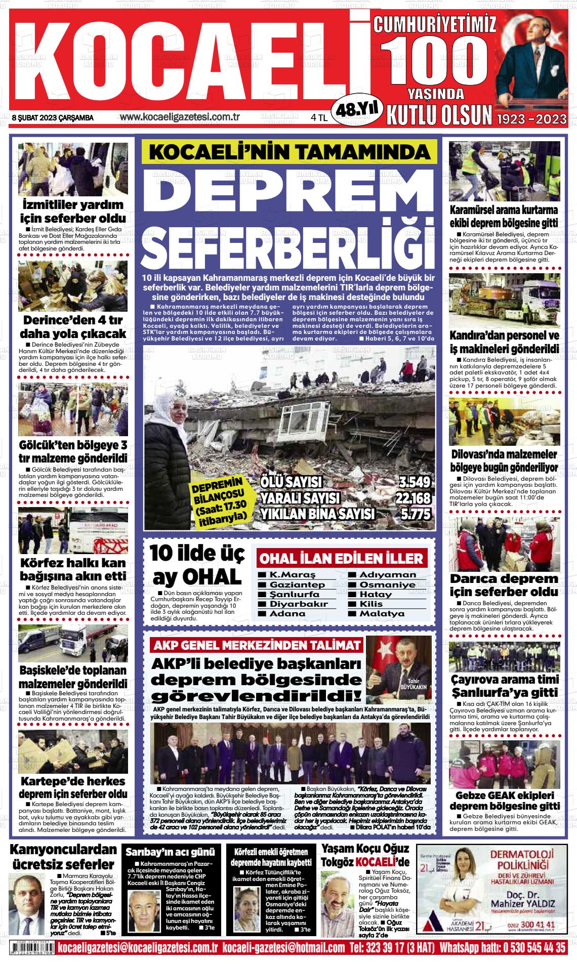 08 Şubat 2023 Kocaeli Gazete Manşeti