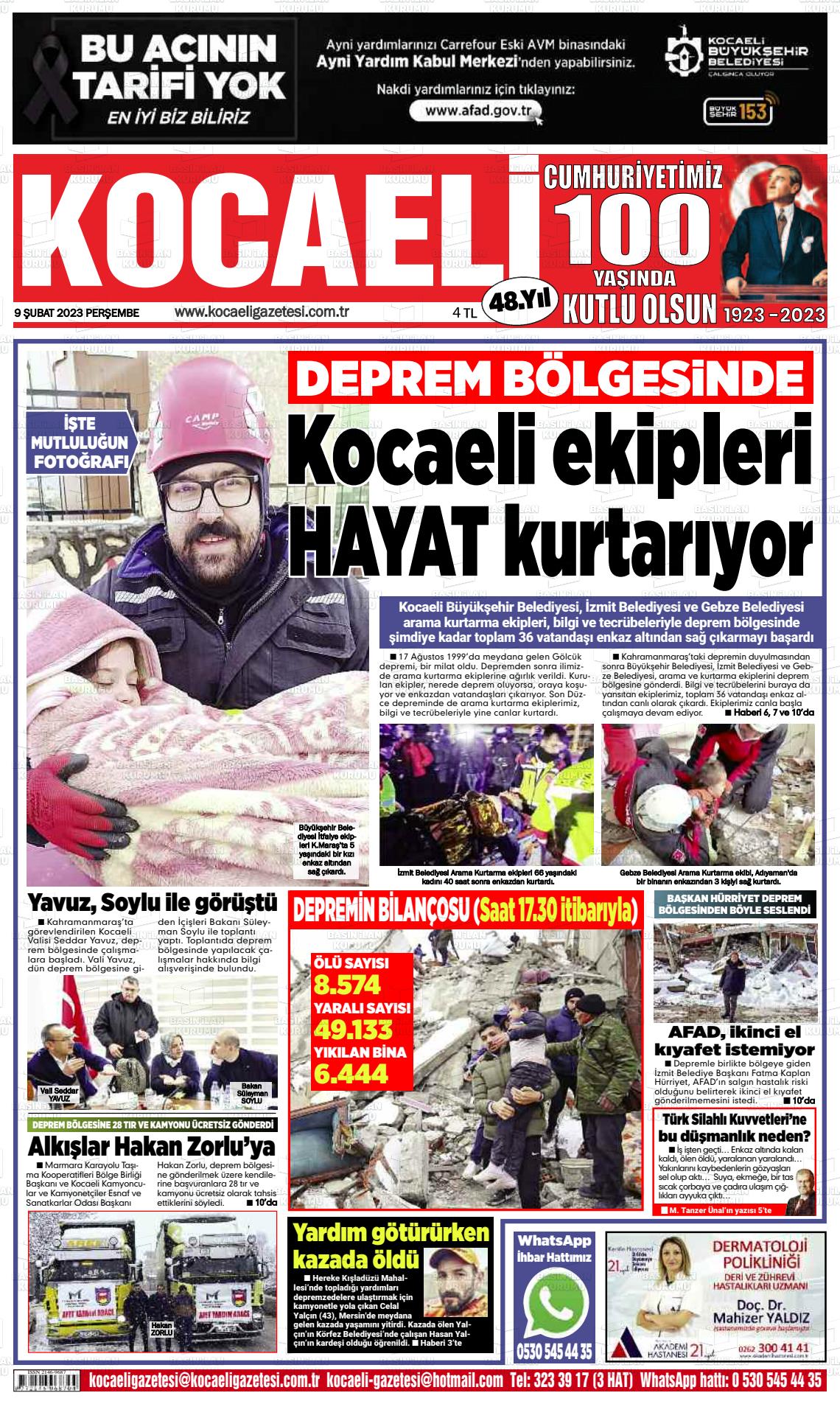 09 Şubat 2023 Kocaeli Gazete Manşeti