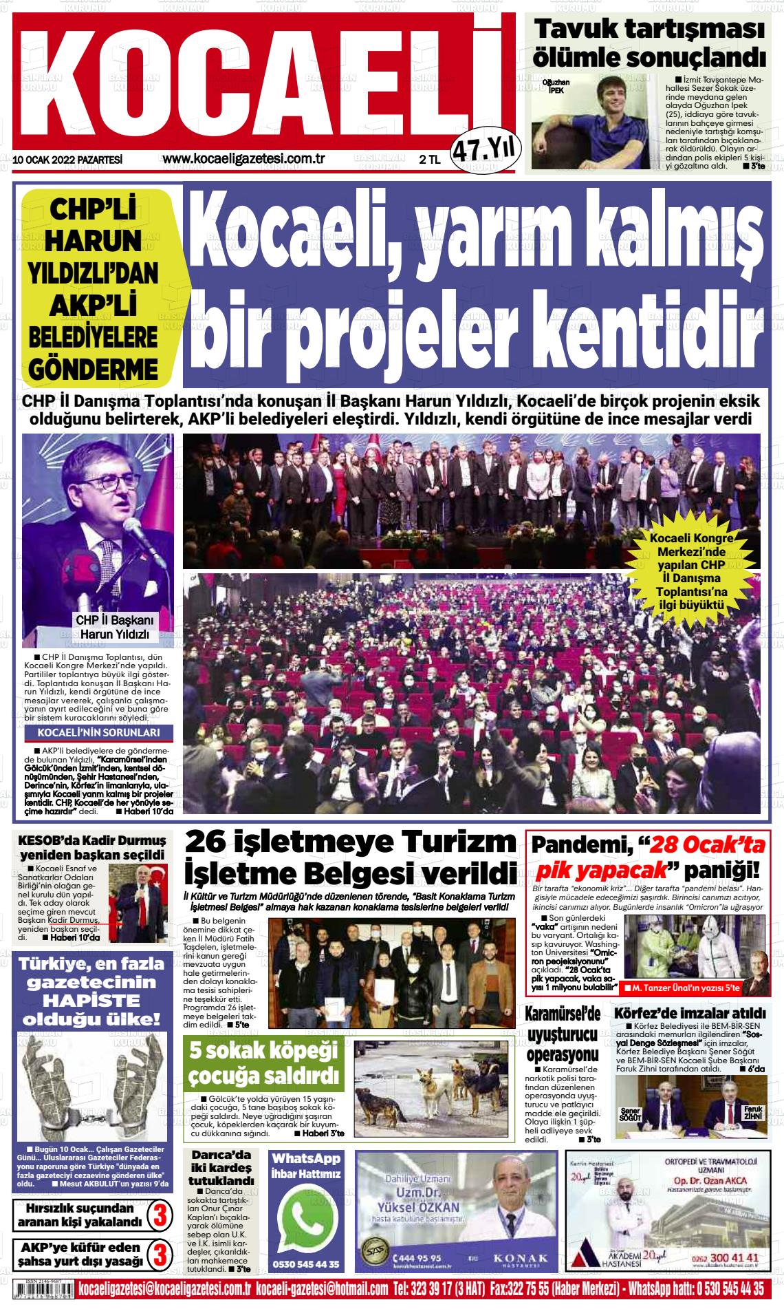 10 Ocak 2022 Kocaeli Gazete Manşeti
