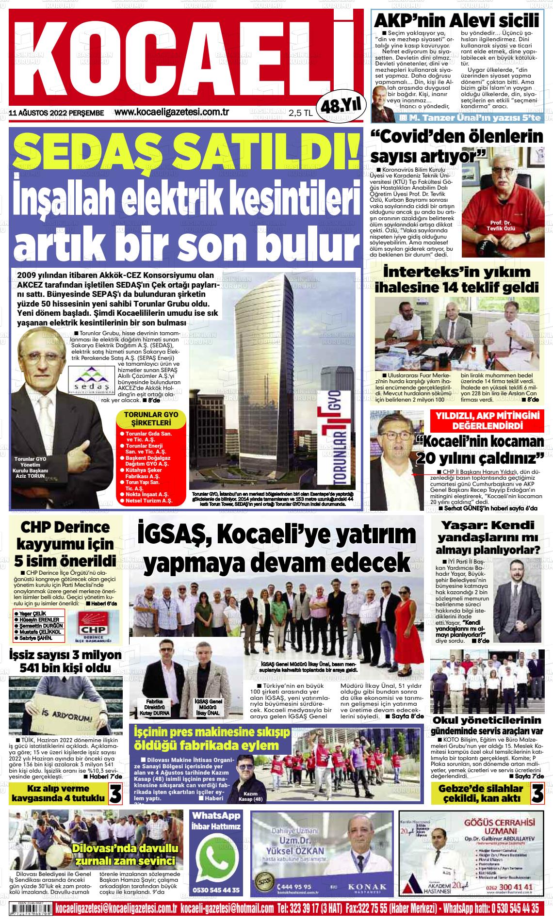 11 Ağustos 2022 Kocaeli Gazete Manşeti