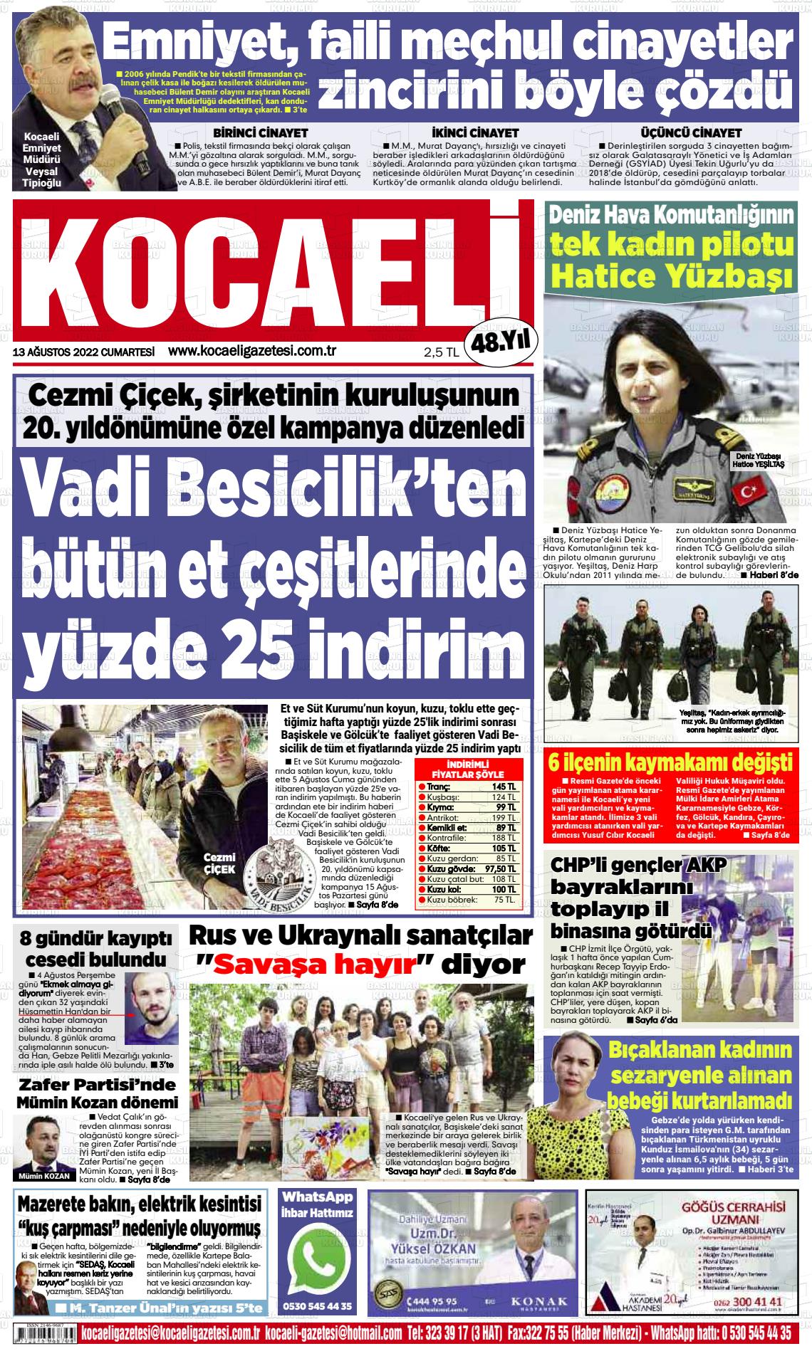 13 Ağustos 2022 Kocaeli Gazete Manşeti