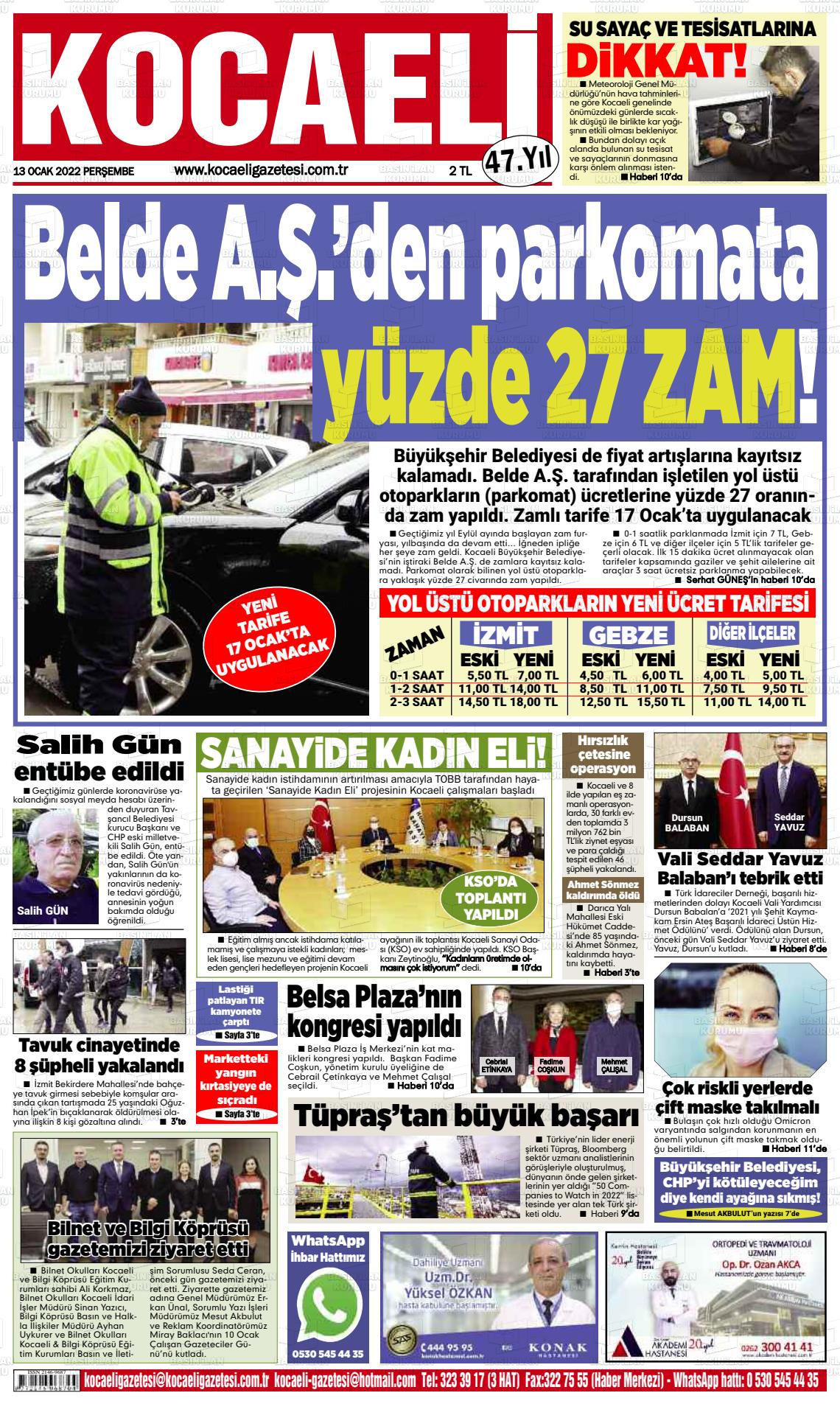 13 Ocak 2022 Kocaeli Gazete Manşeti