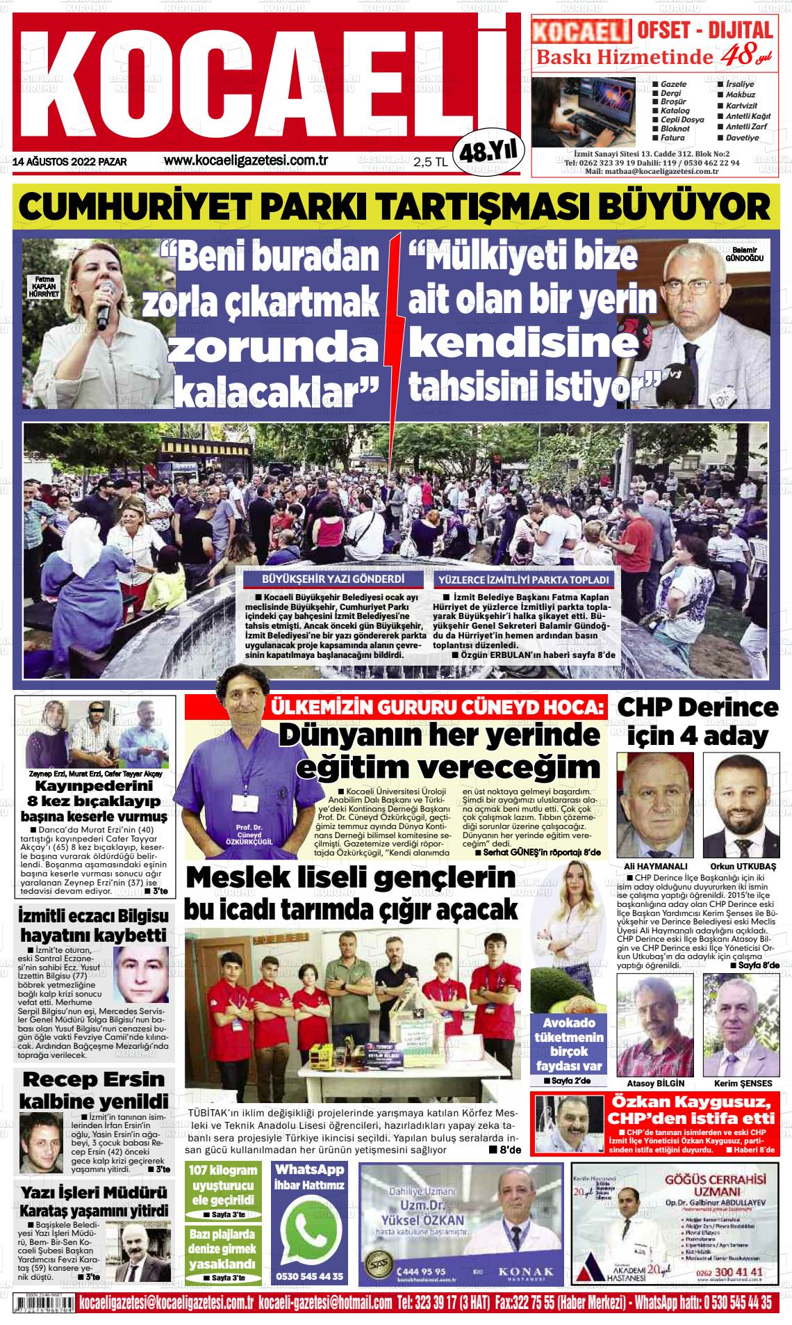 14 Ağustos 2022 Kocaeli Gazete Manşeti