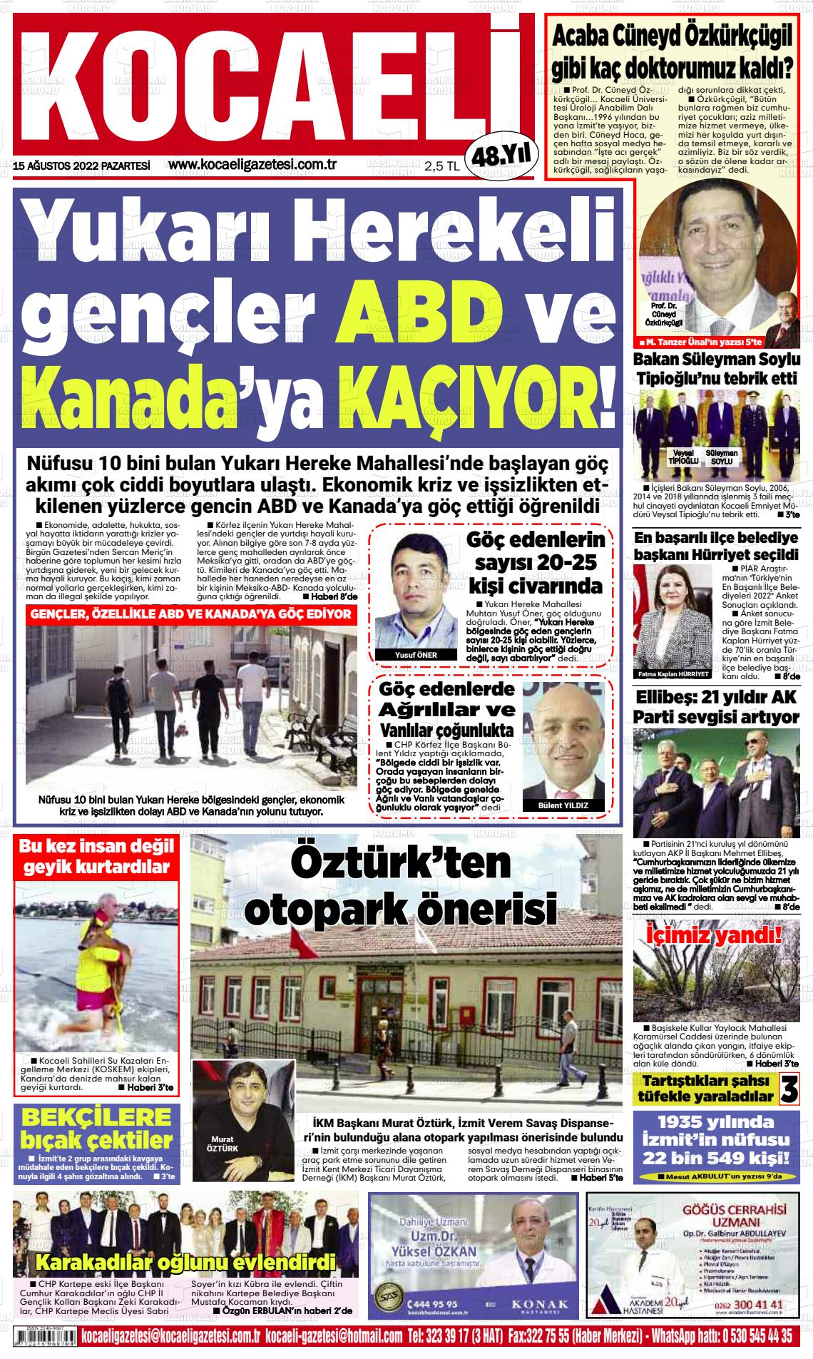 15 Ağustos 2022 Kocaeli Gazete Manşeti