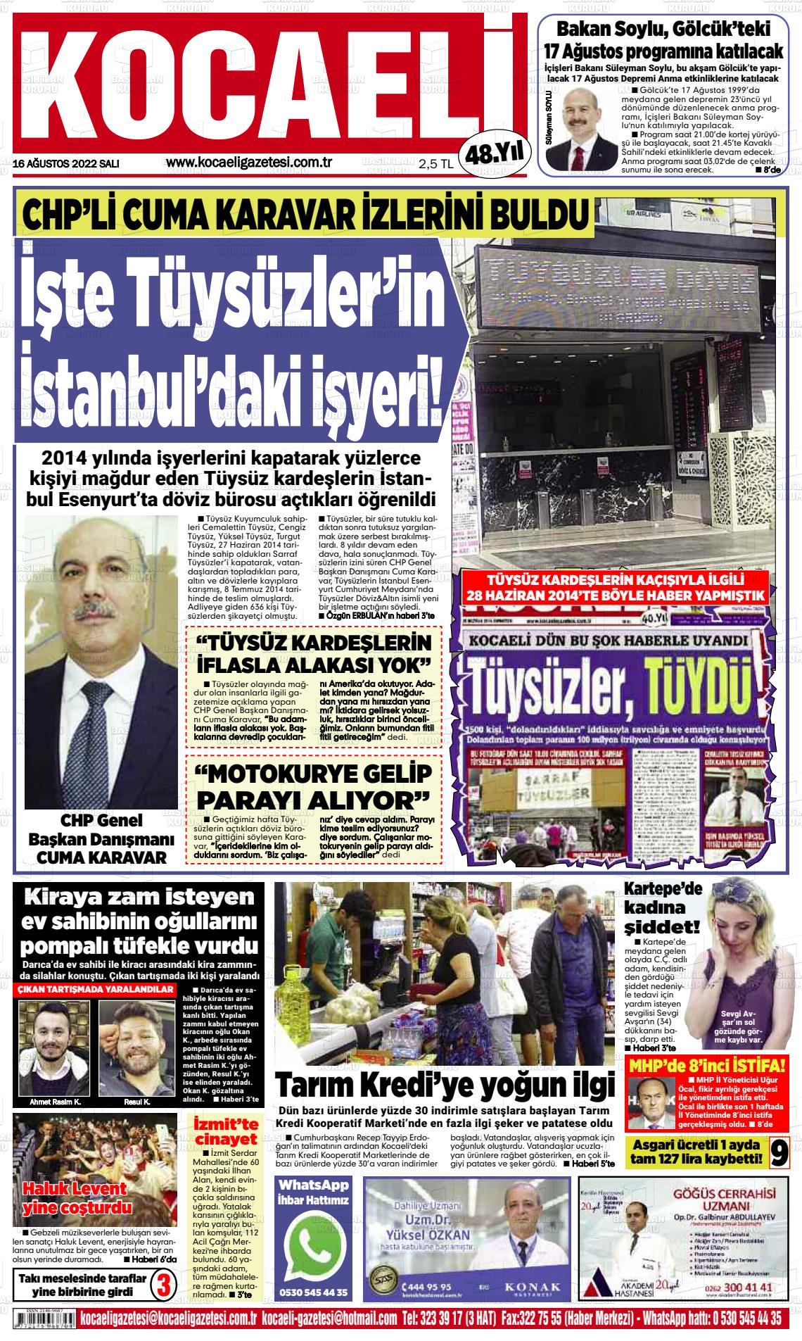 16 Ağustos 2022 Kocaeli Gazete Manşeti