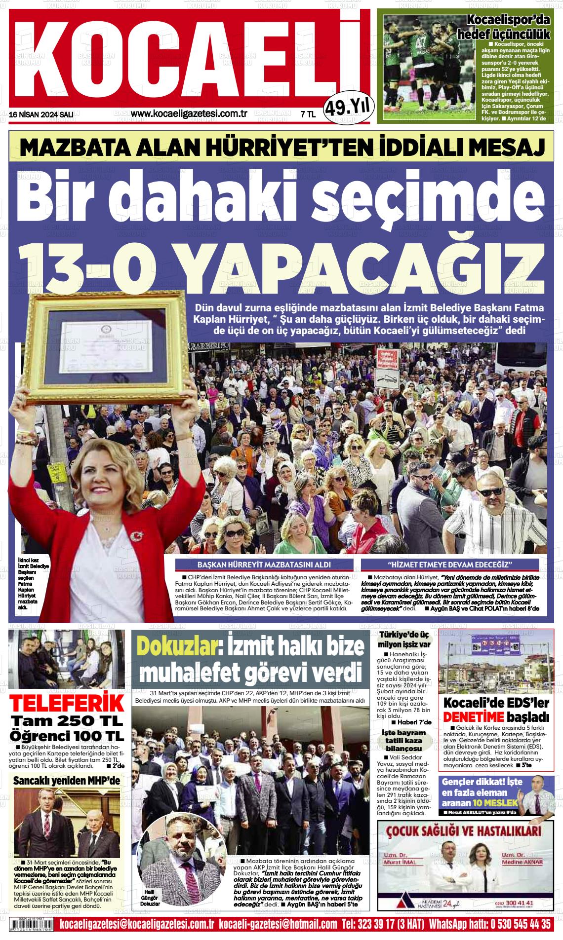 16 Nisan 2024 Kocaeli Gazete Manşeti