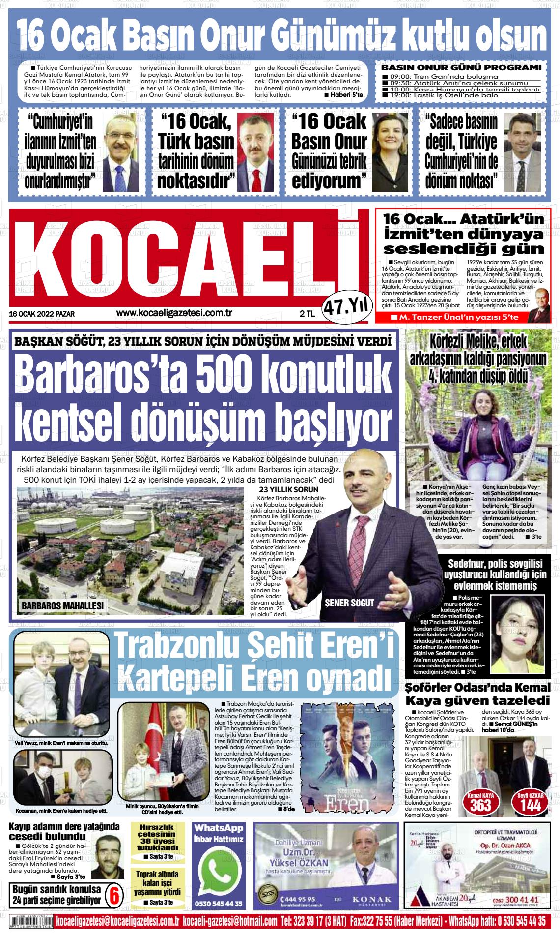 16 Ocak 2022 Kocaeli Gazete Manşeti