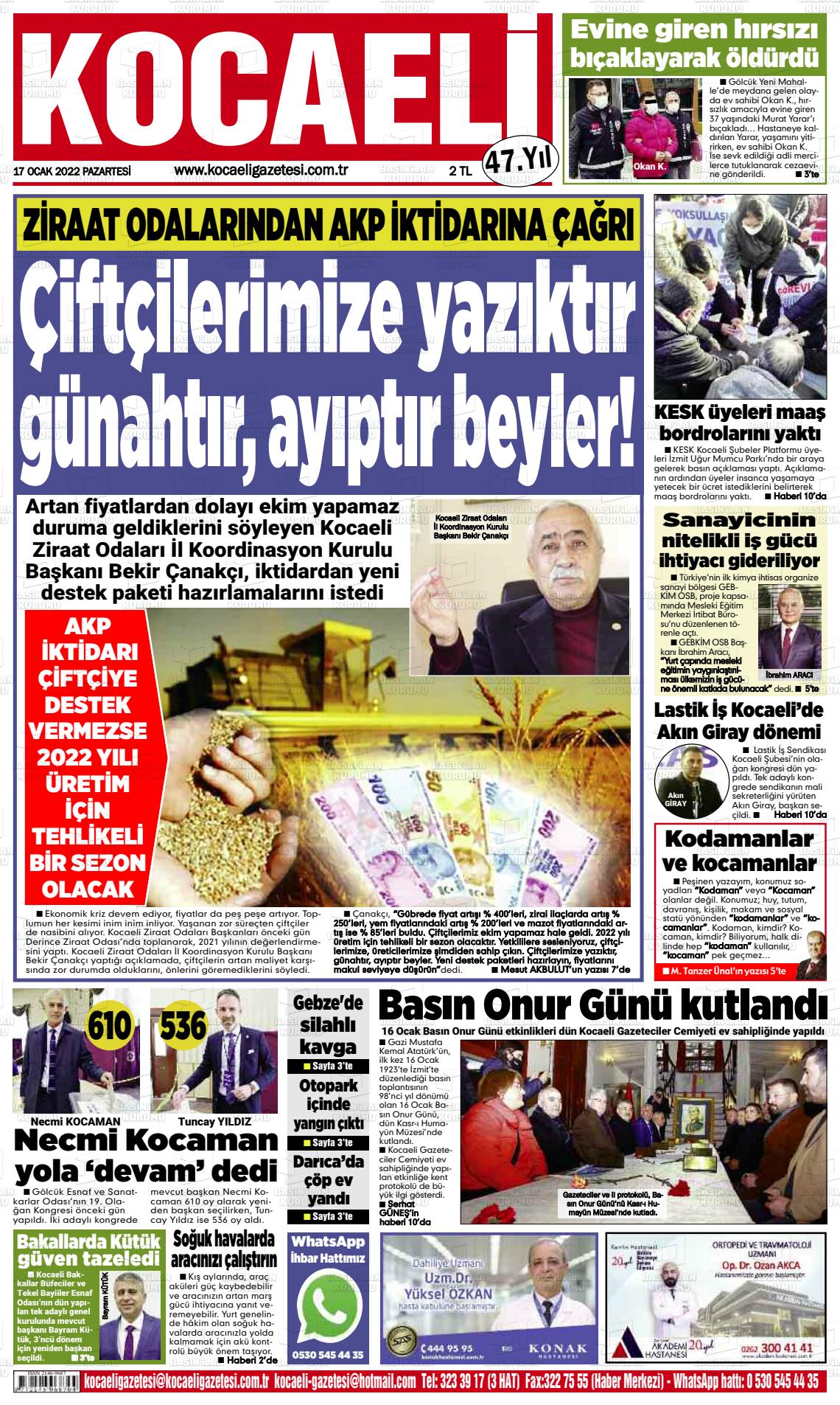 17 Ocak 2022 Kocaeli Gazete Manşeti