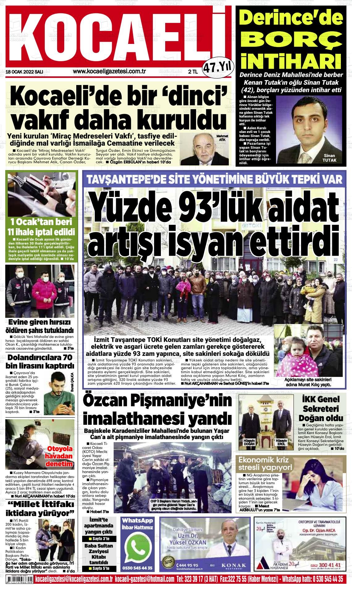 18 Ocak 2022 Kocaeli Gazete Manşeti