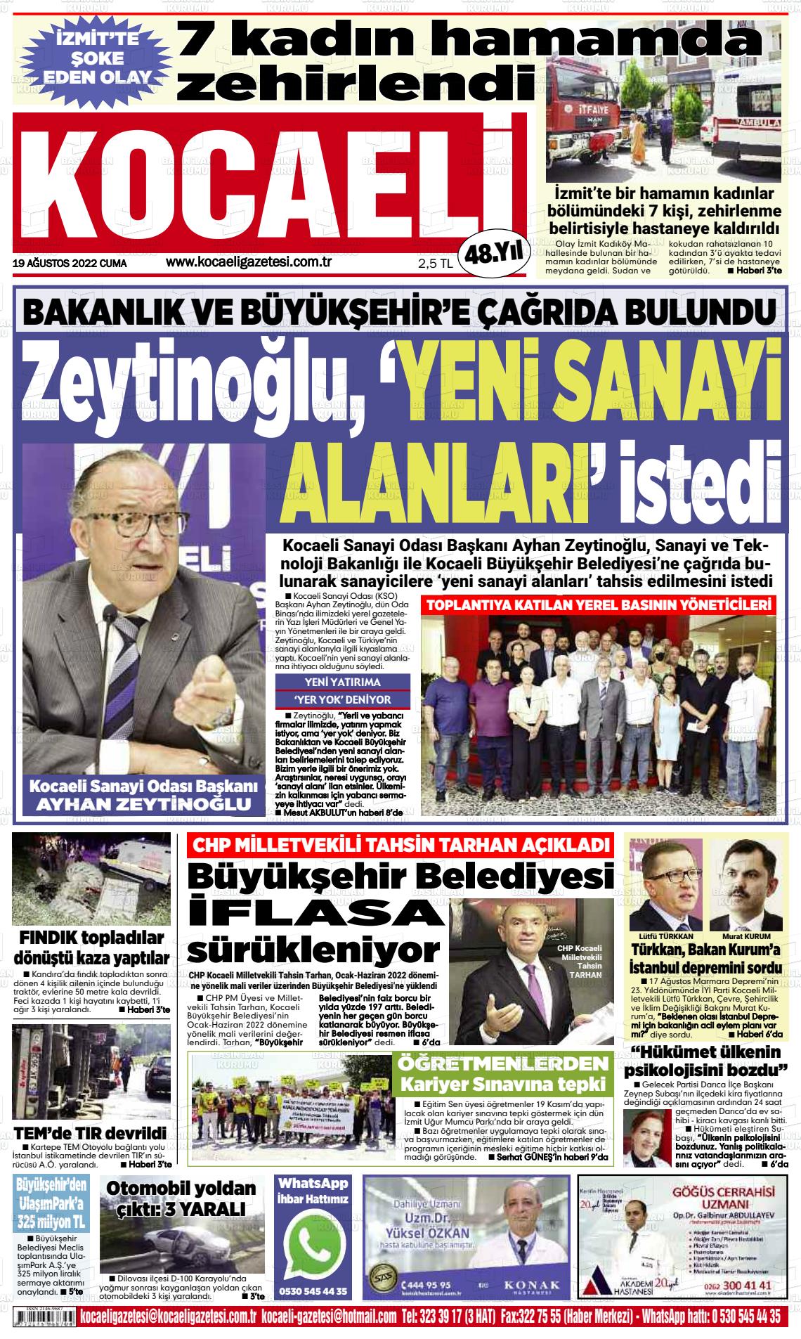 19 Ağustos 2022 Kocaeli Gazete Manşeti
