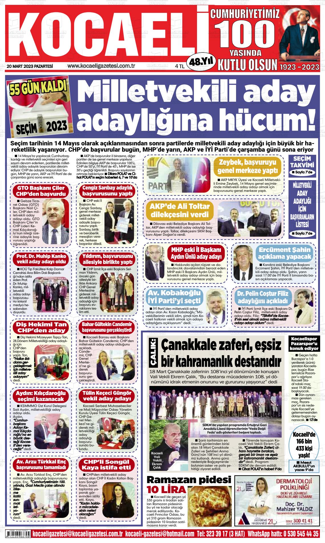 20 Mart 2023 Kocaeli Gazete Manşeti