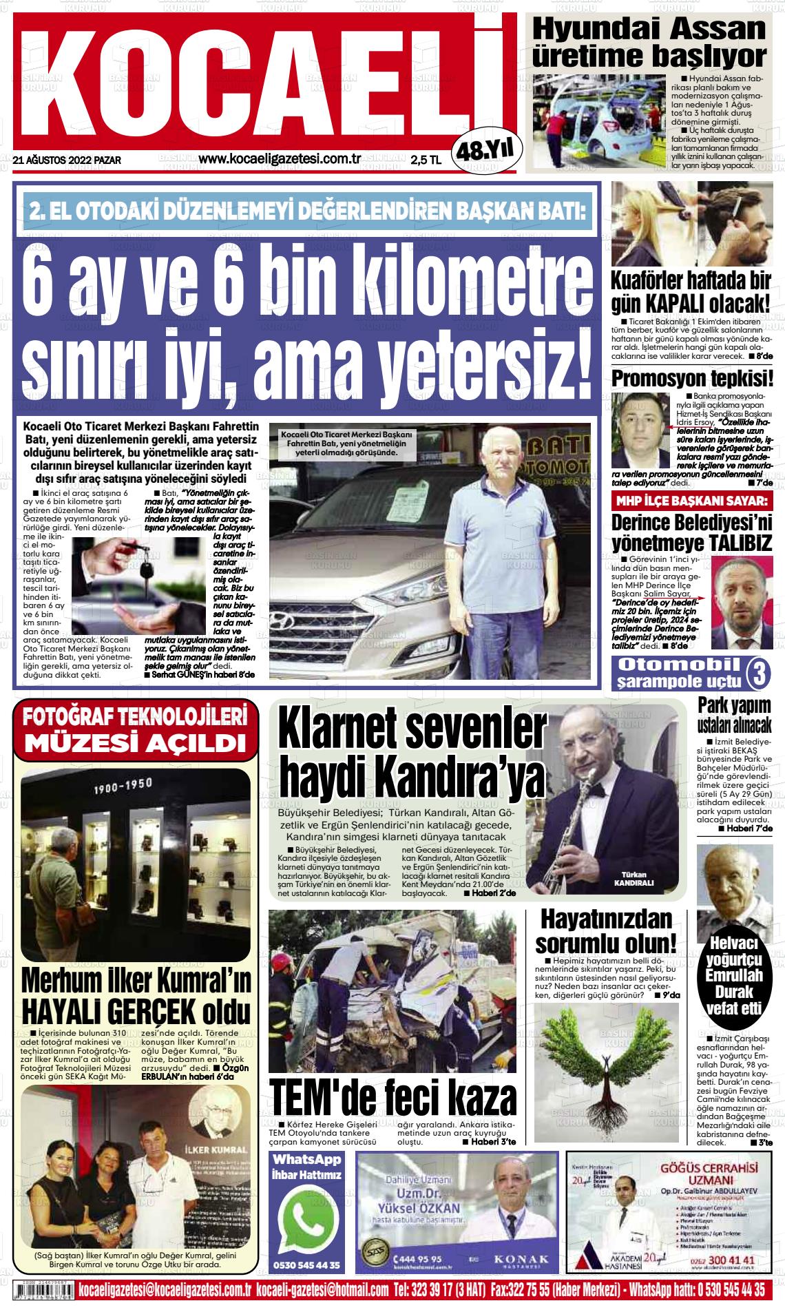 21 Ağustos 2022 Kocaeli Gazete Manşeti