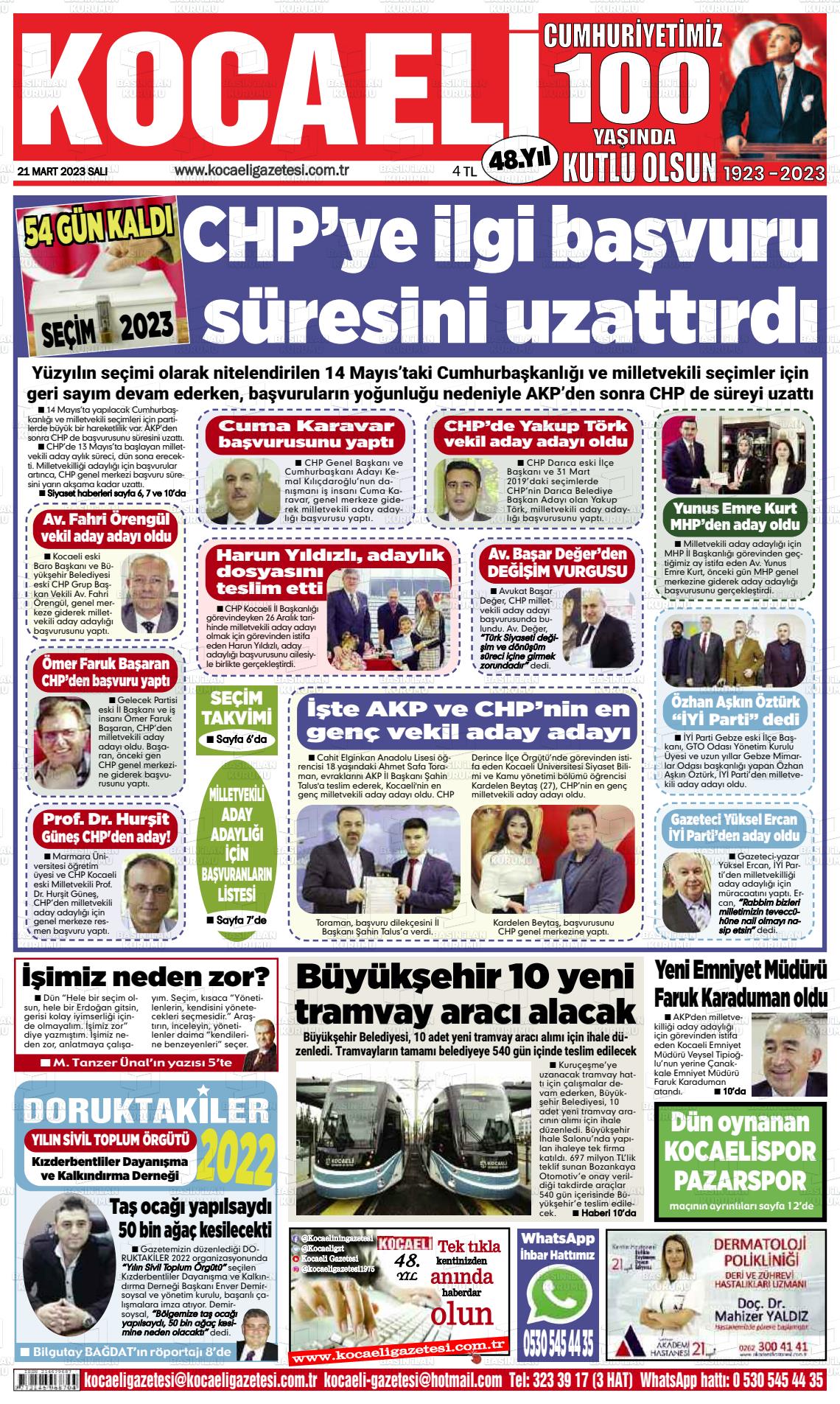 21 Mart 2023 Kocaeli Gazete Manşeti