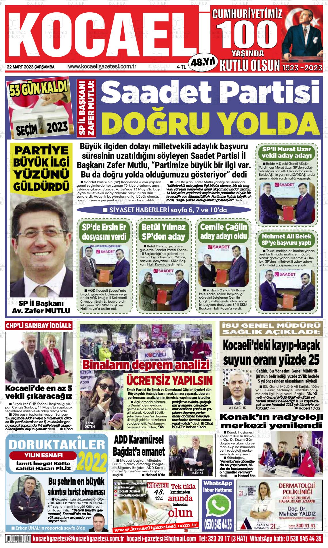 22 Mart 2023 Kocaeli Gazete Manşeti
