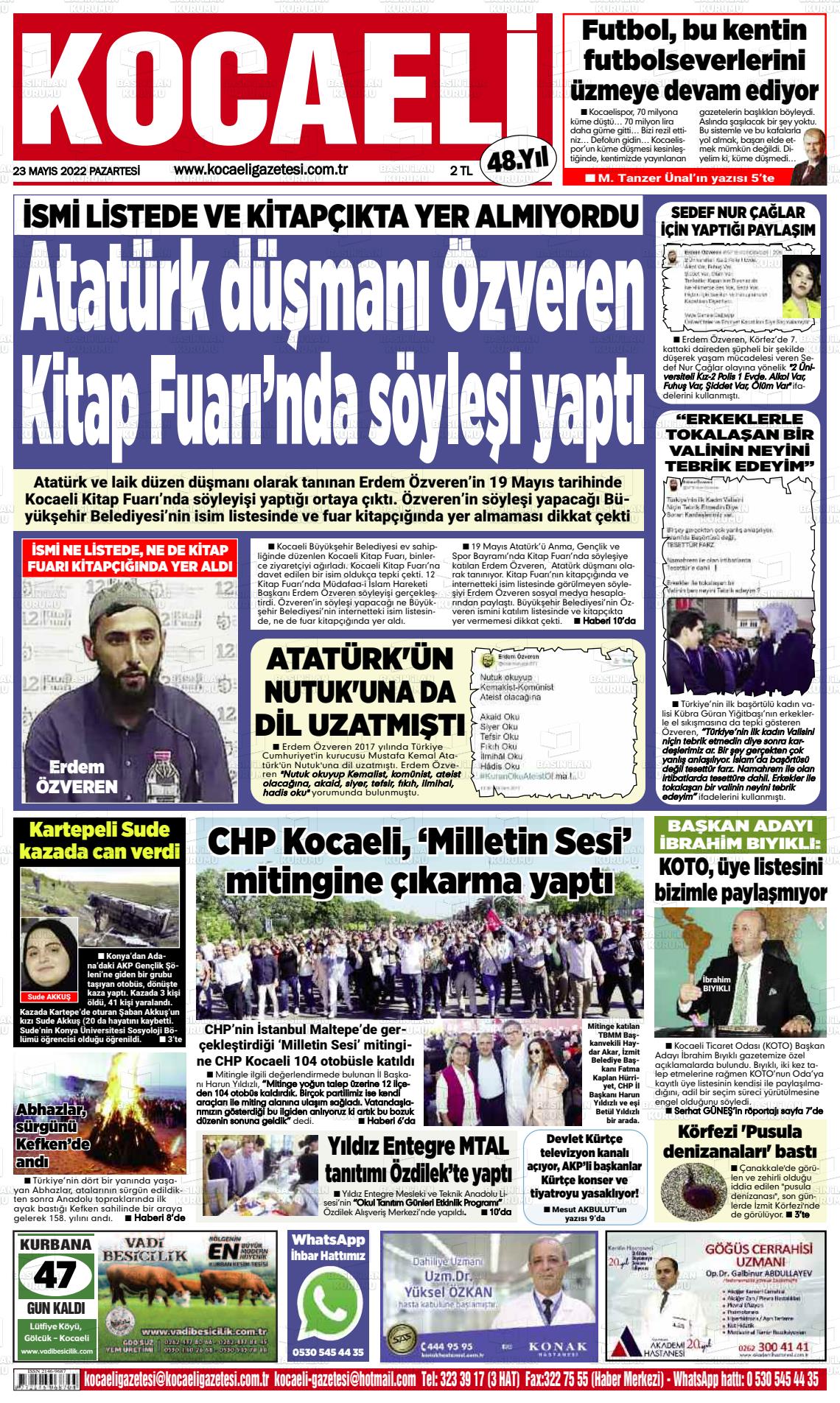 23 Mayıs 2022 Kocaeli Gazete Manşeti