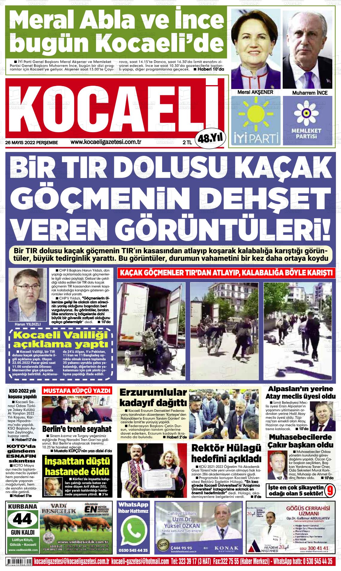 26 Mayıs 2022 Kocaeli Gazete Manşeti