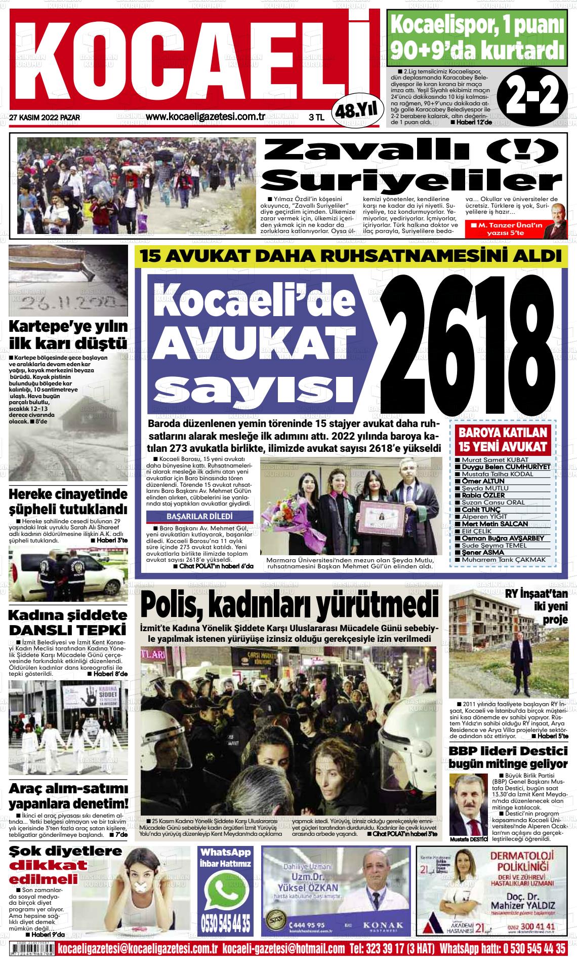 27 Kasım 2022 Kocaeli Gazete Manşeti