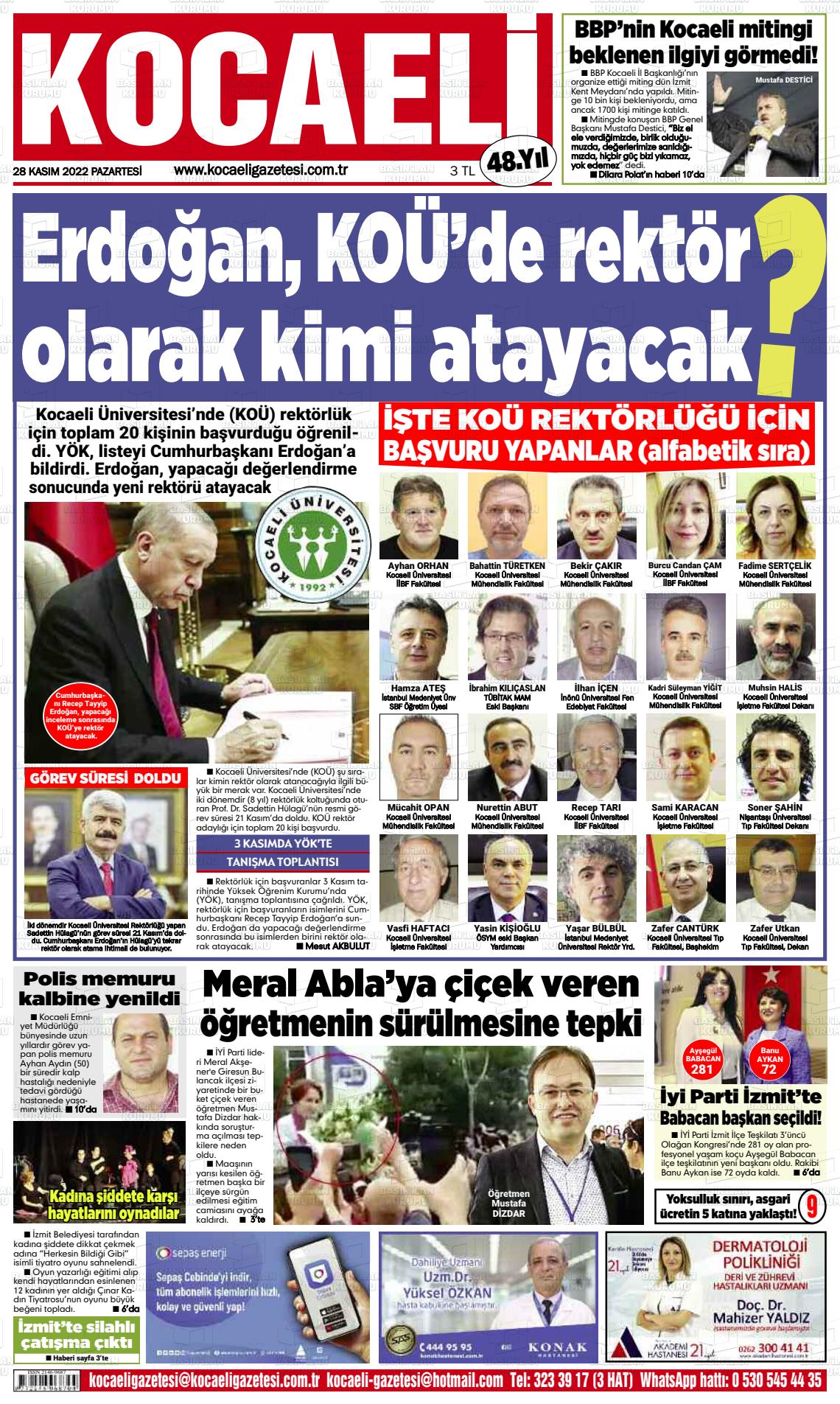28 Kasım 2022 Kocaeli Gazete Manşeti