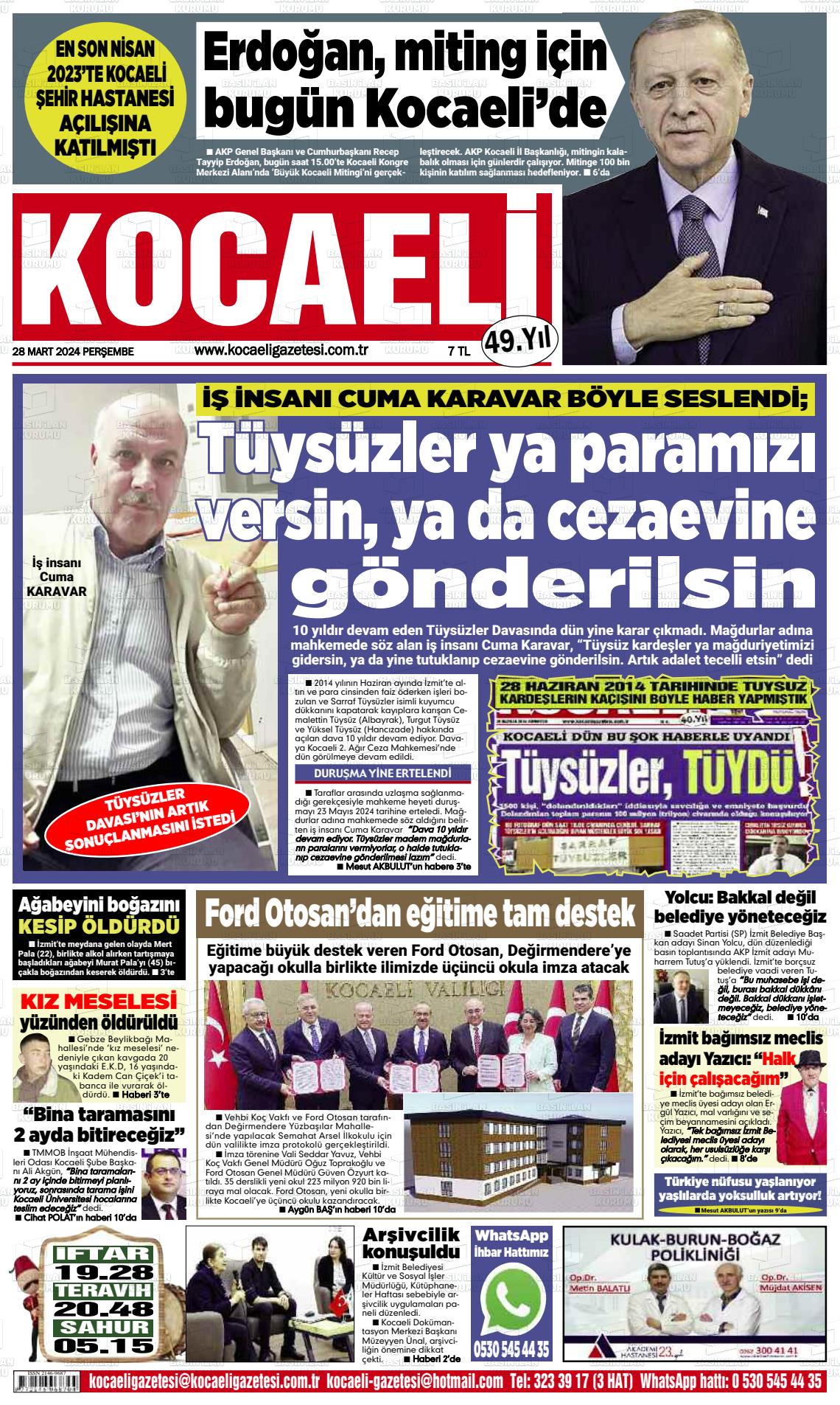 28 Mart 2024 Kocaeli Gazete Manşeti