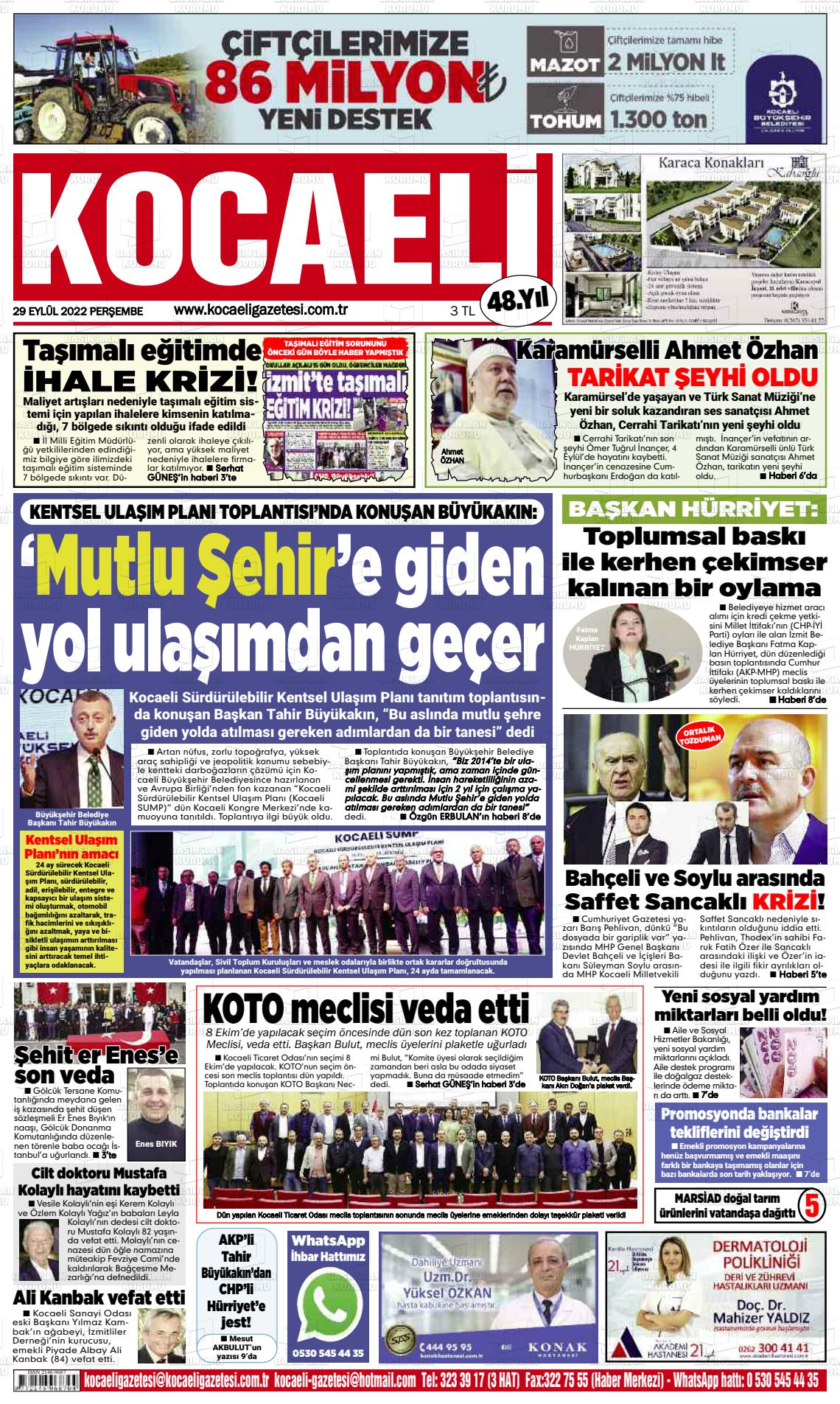 29 Eylül 2022 Kocaeli Gazete Manşeti